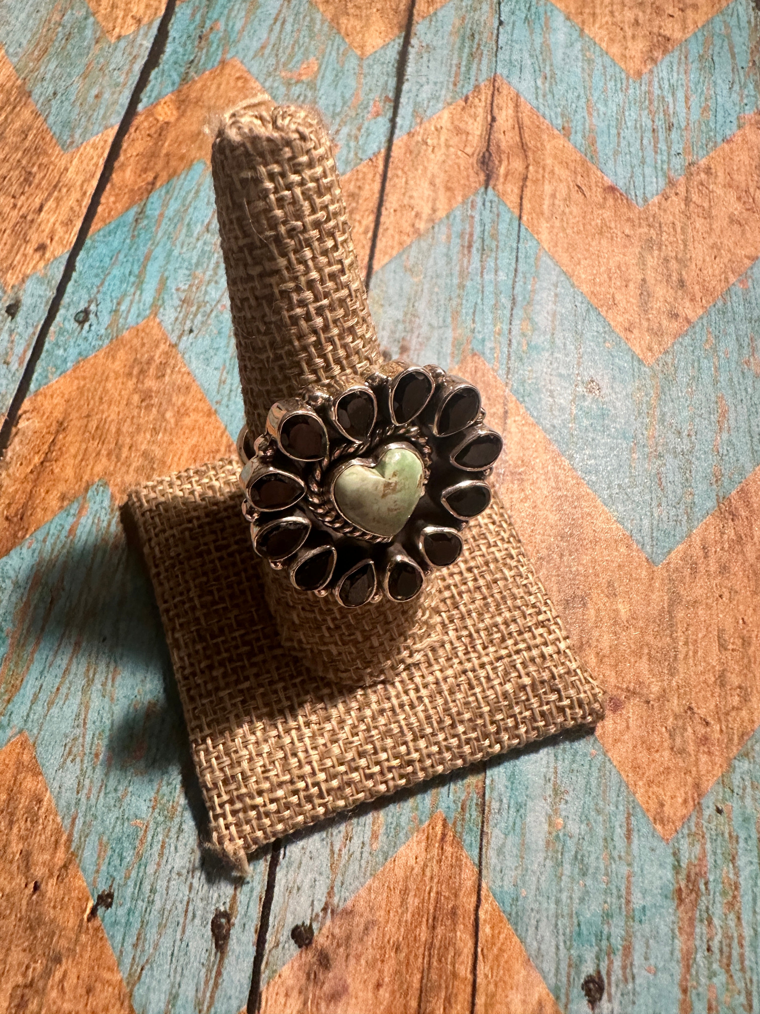 Beautiful Handmade Palomino Turquoise, Onyx And Sterling Silver Adjustable Heart Ring