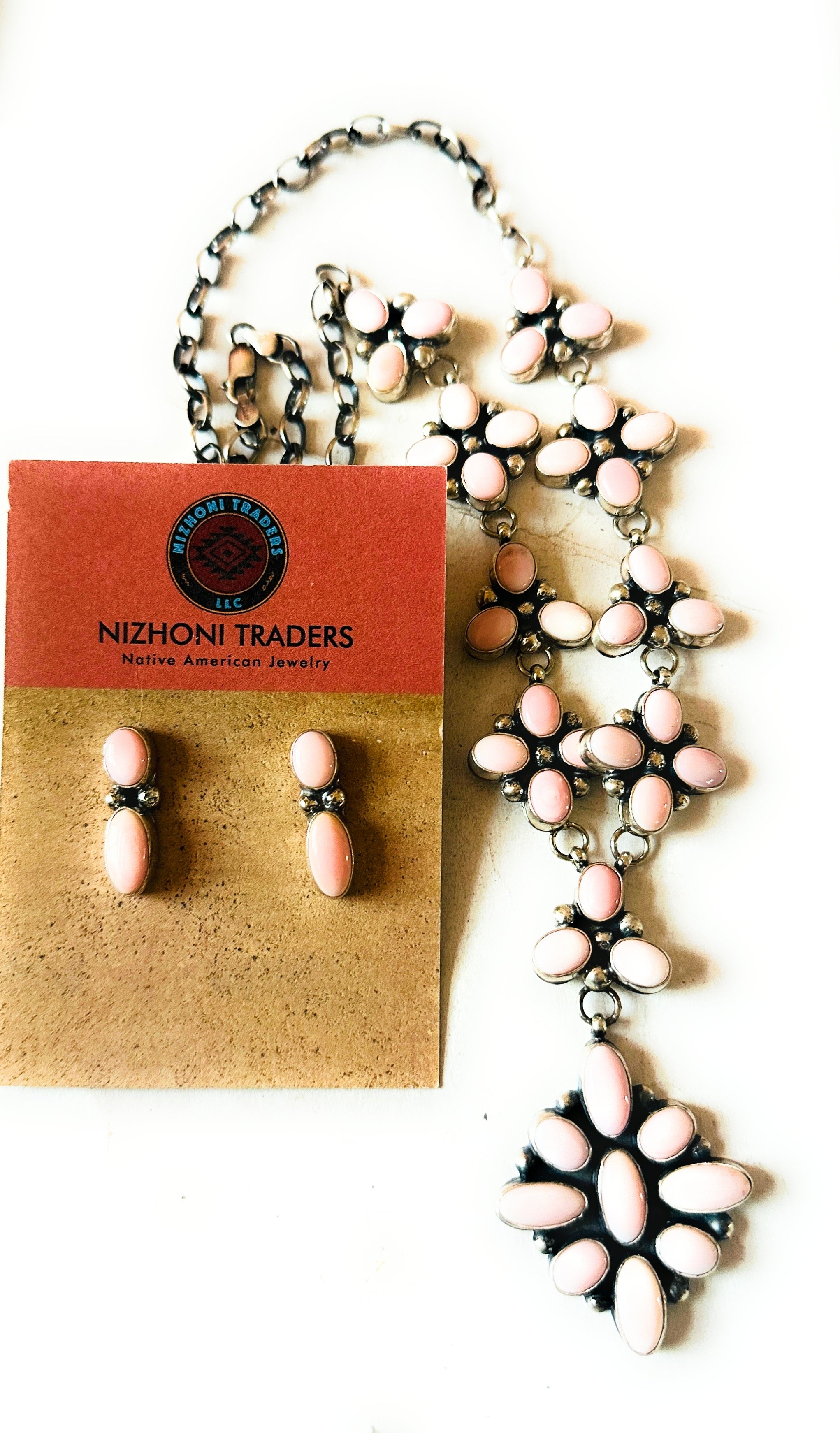 Navajo Queen Pink Conch & Sterling Silver Cluster Necklace Set