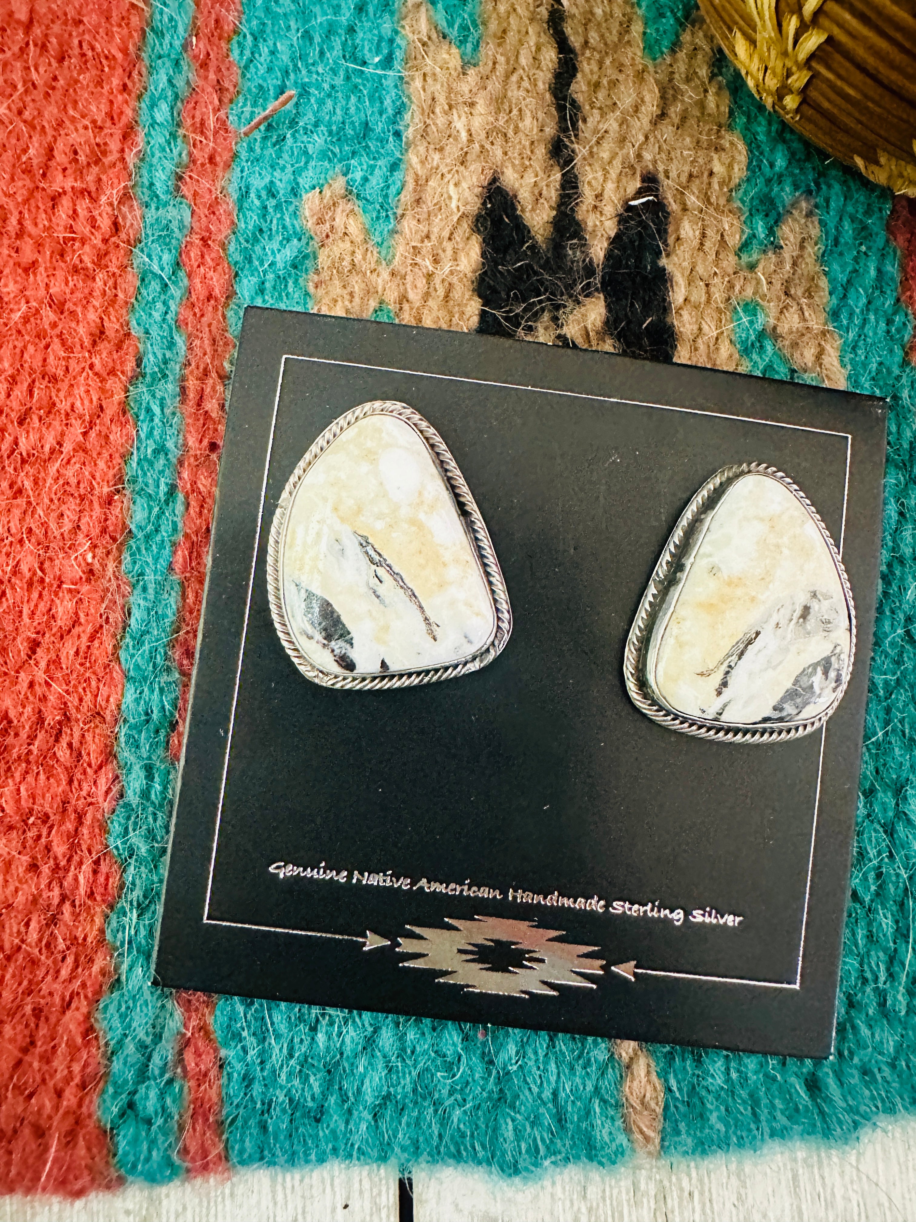 Navajo White Buffalo & Sterling Silver Post Earrings