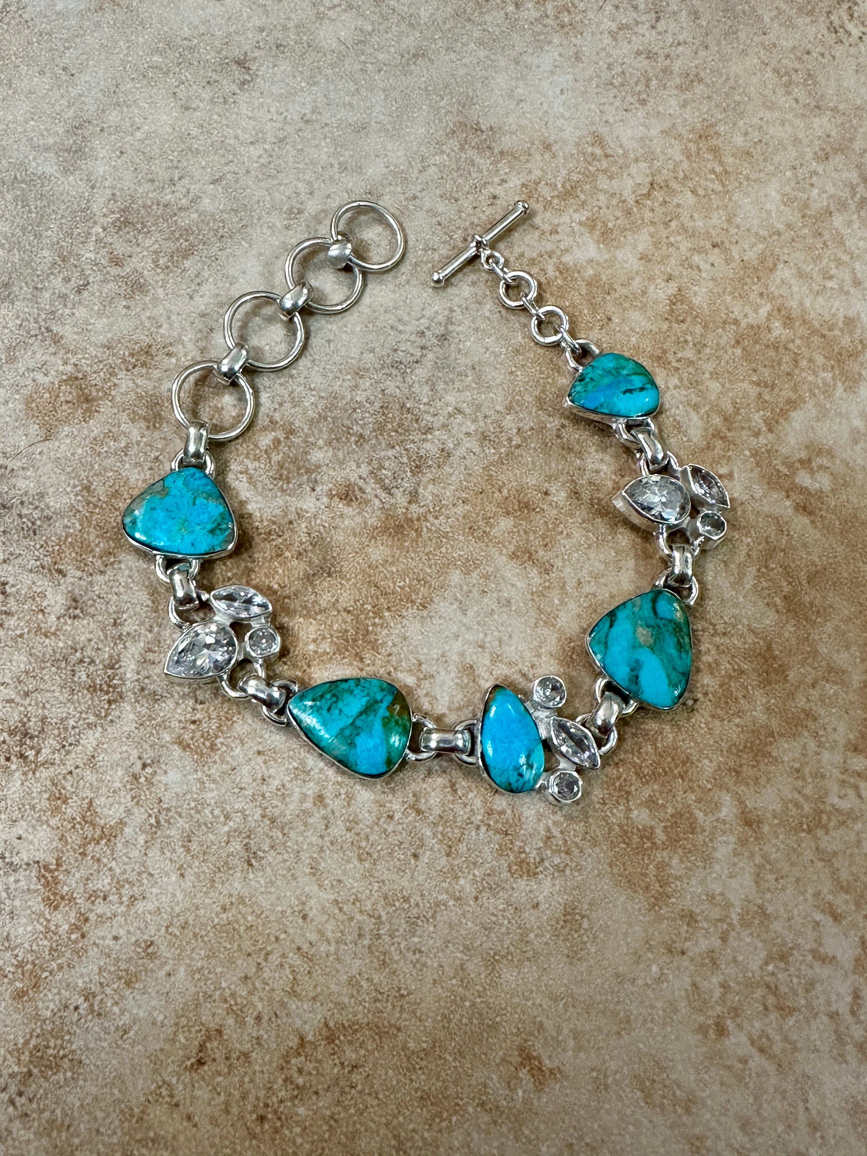 Turquoise 5 Stone & CZ Sterling Silver Bracelet