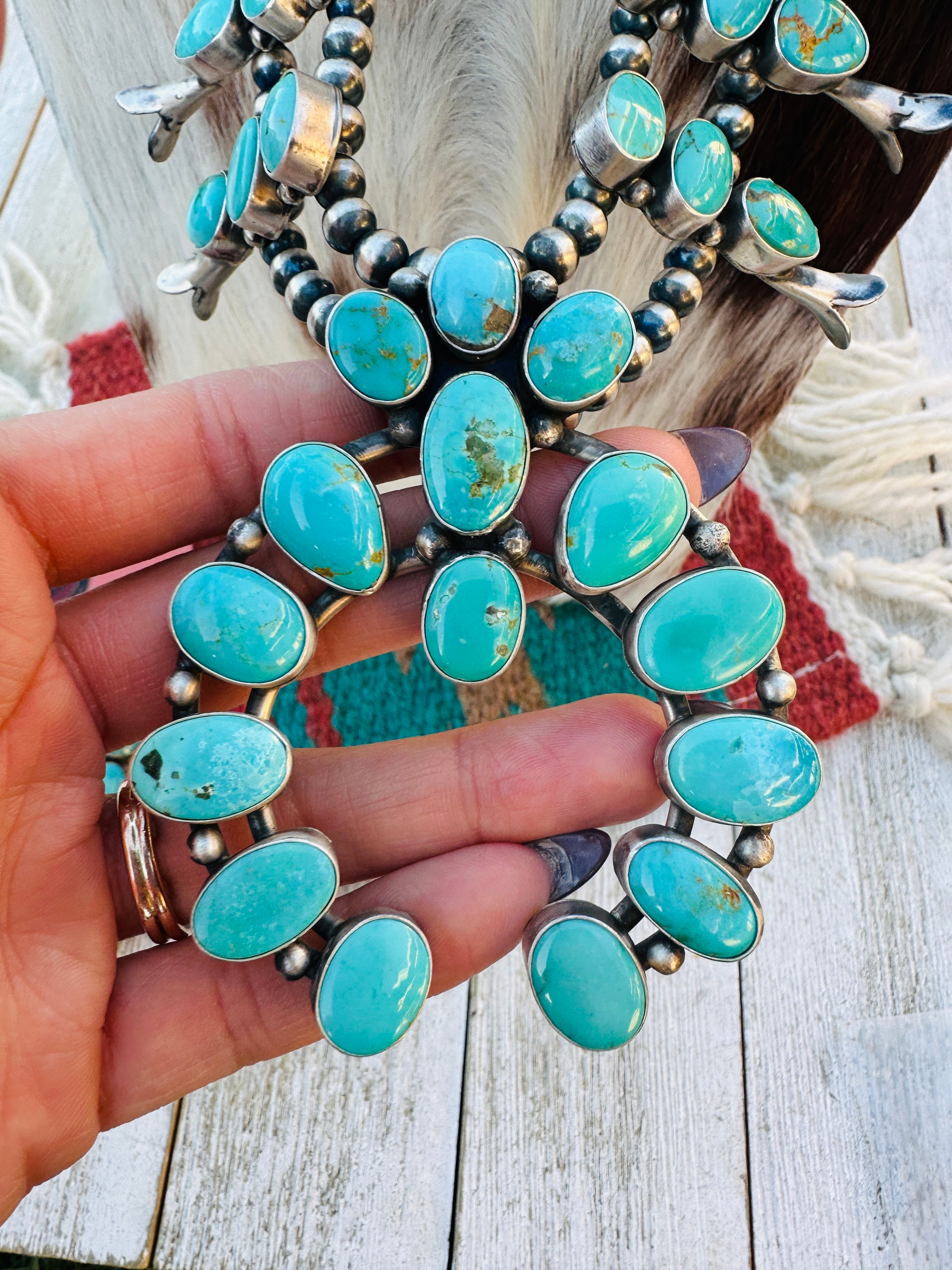 Handcrafted Carico Lake Turquoise & Sterling Silver Squash Blossom Necklace and Earring Set