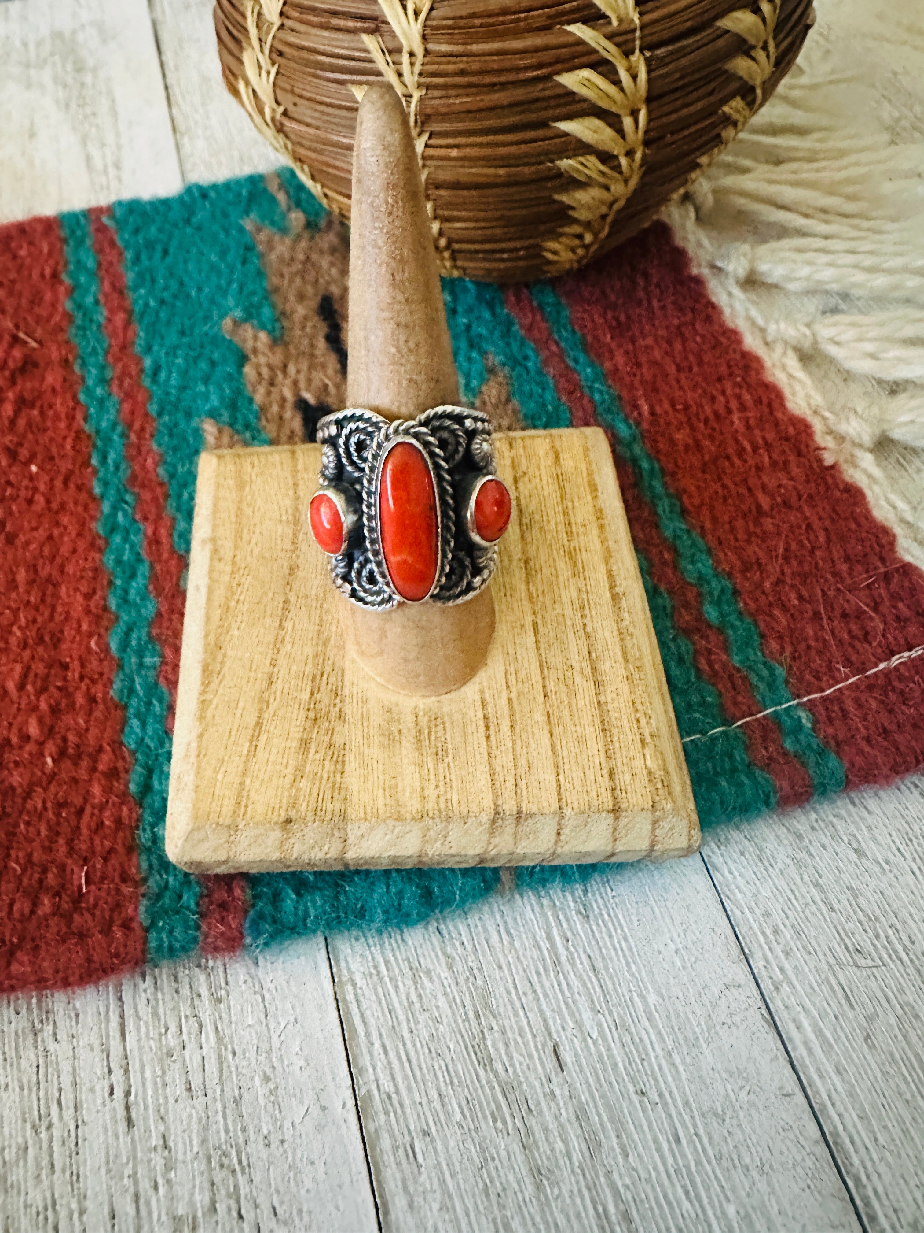 Navajo Sterling Silver and Coral Ring Size 8.25 by Hemerson Brown