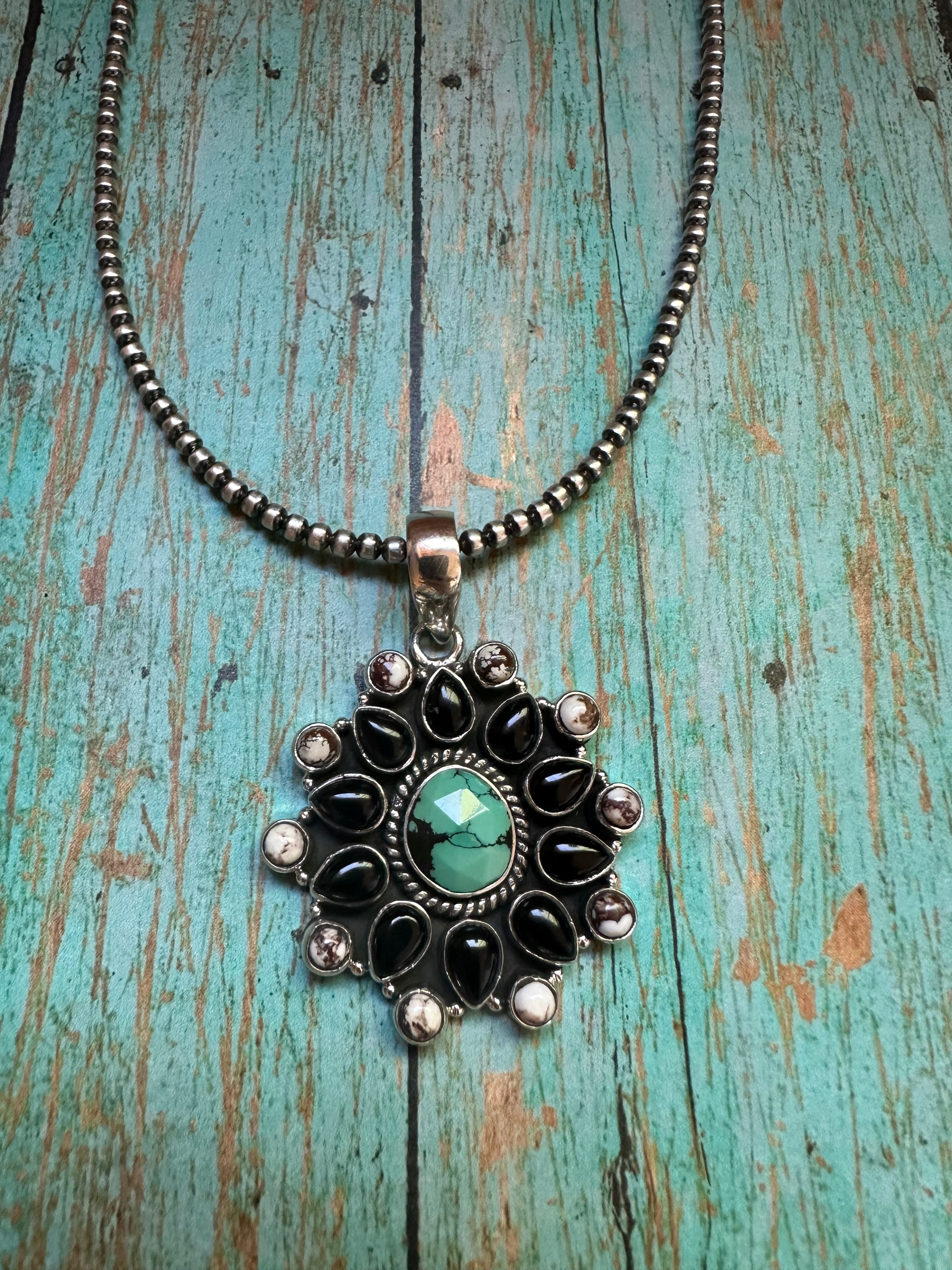 Handmade Sterling Silver, Wild Horse, Turquoise & Onyx Pendant