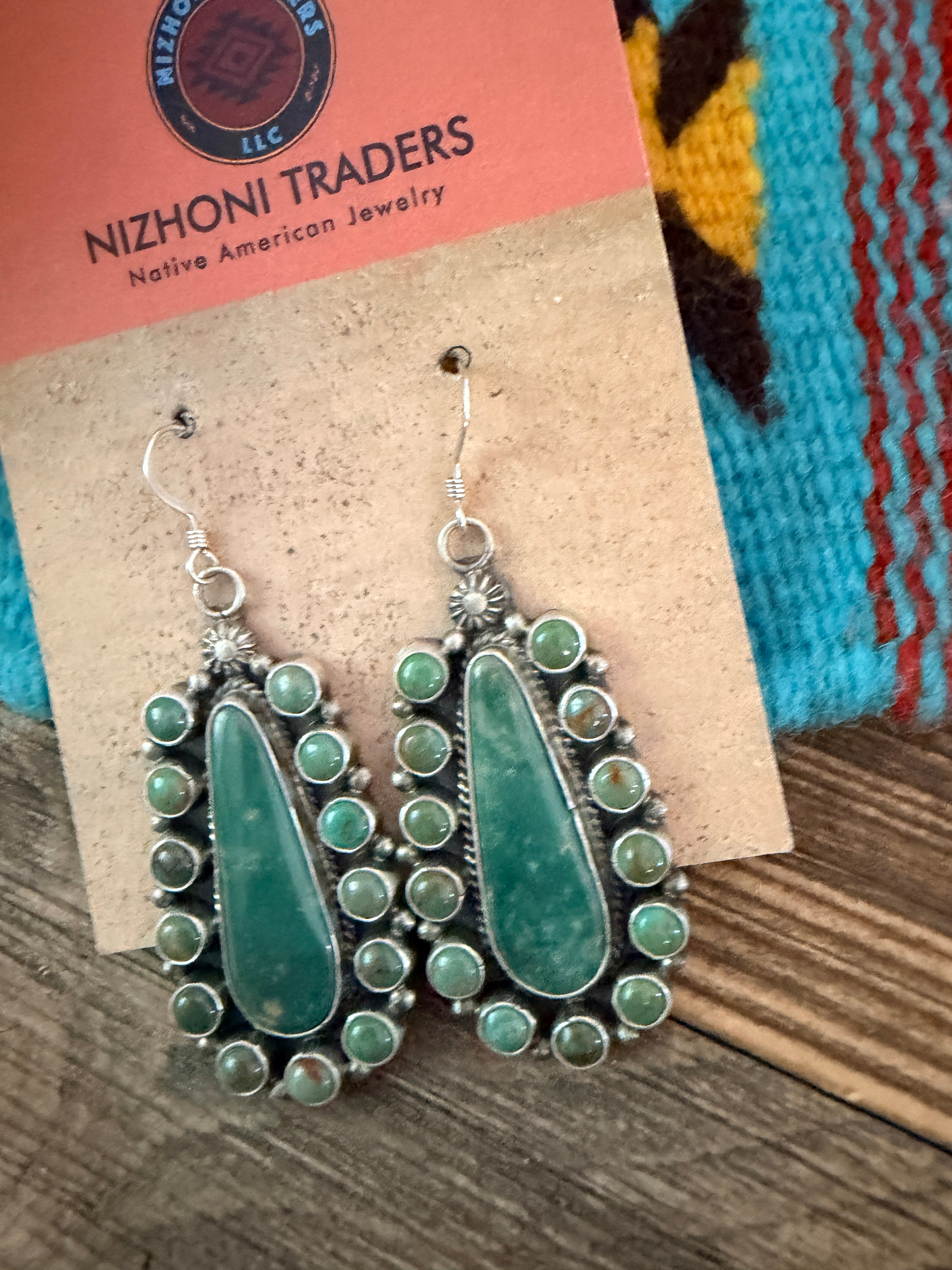 Handcrafted Green Turquoise & Sterling Silver Cluster Dangle Earrings