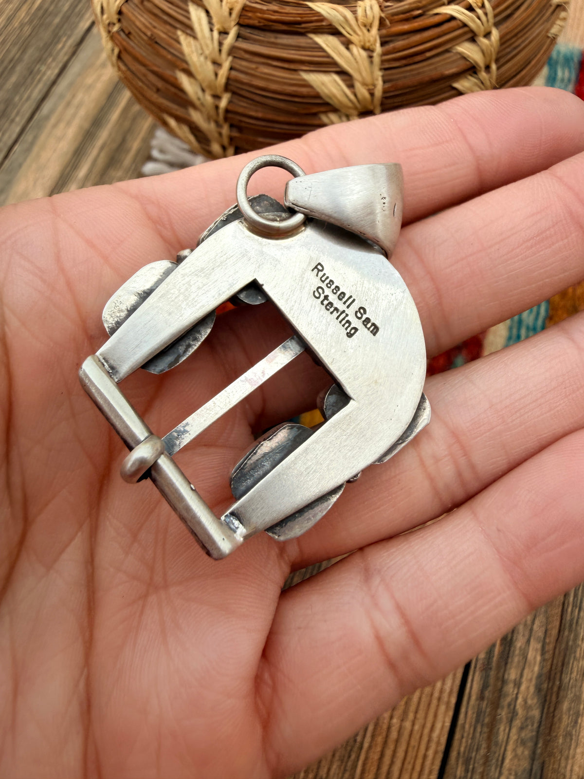 Handcrafted Sterling Silver & Turquoise Belt Buckle Pendant by Russell Sam