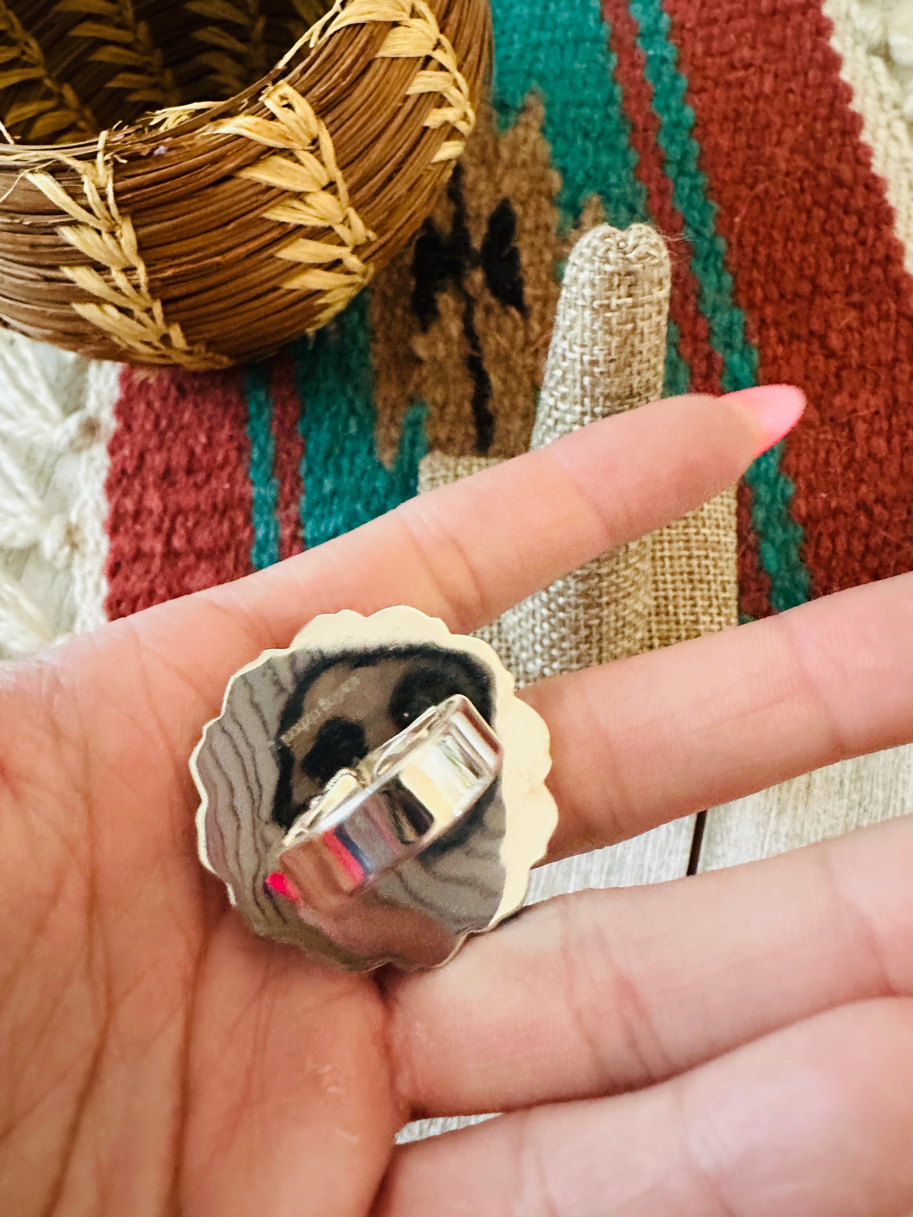 ** Christmas Collection ** Handmade Sterling Silver & Mother of Pearl Adjustable Ring Signed Nizhoni