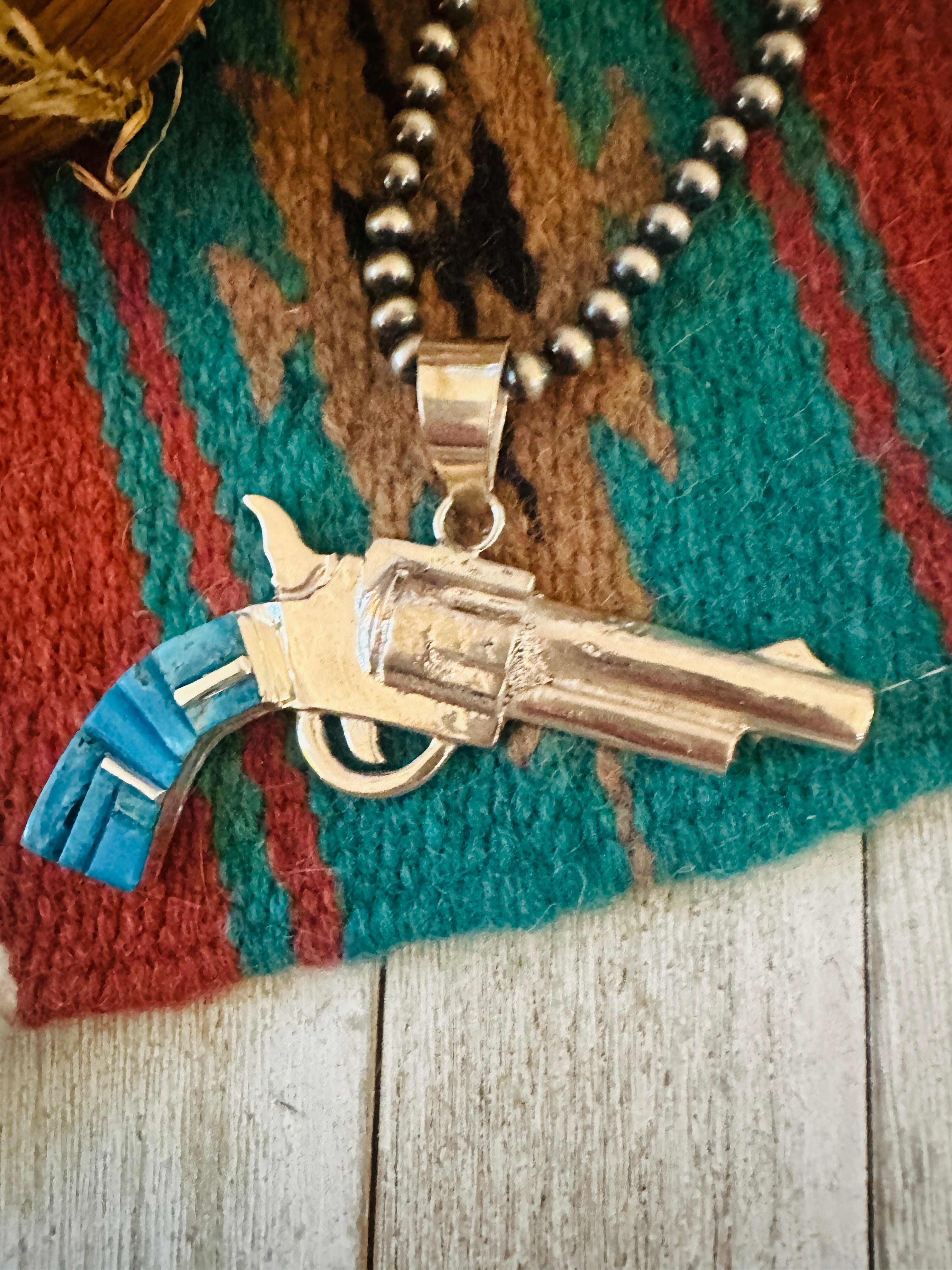 Handcrafted Sterling Silver & Turquoise Inlay Pistol Pendant