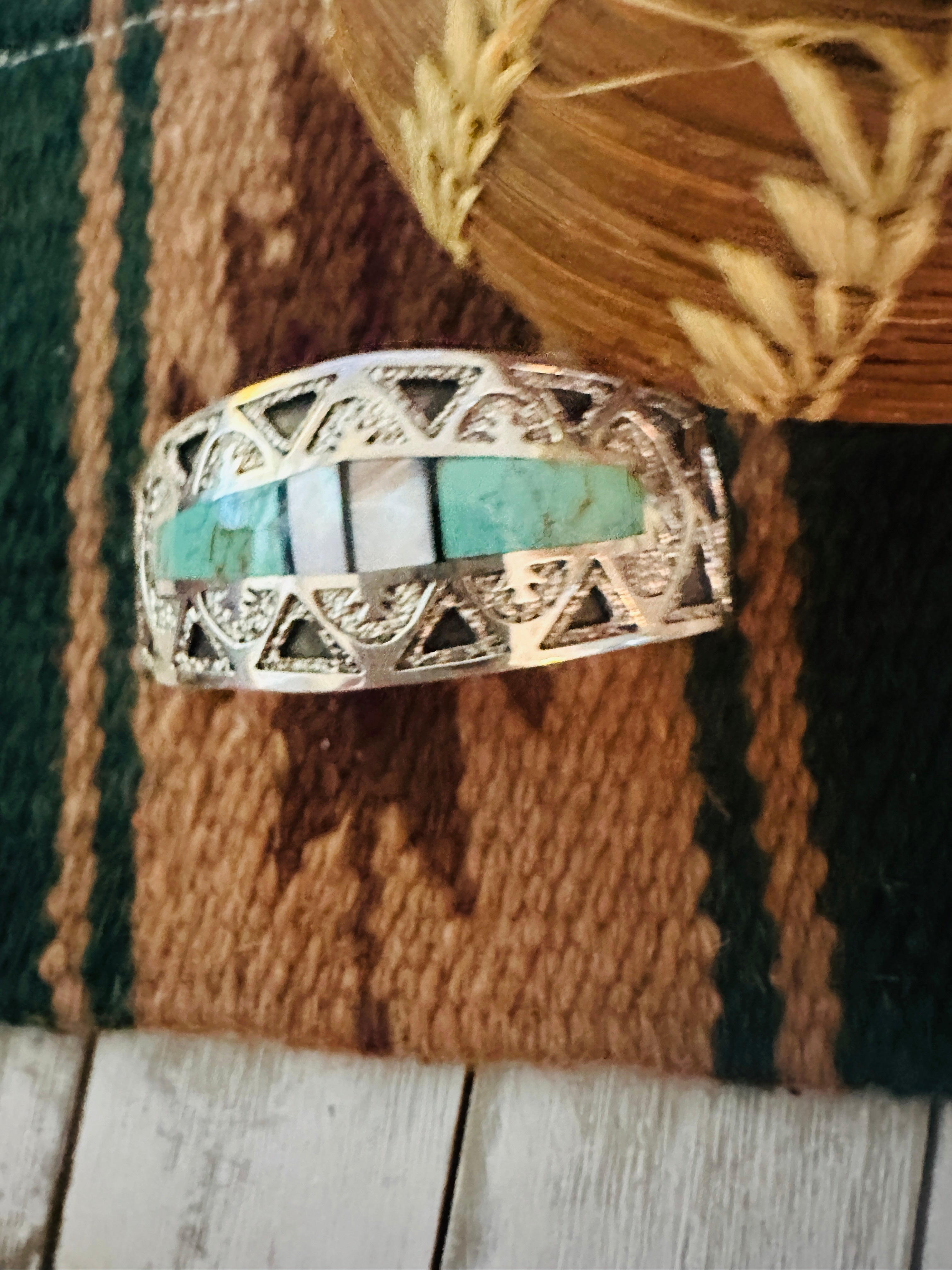 Handcrafted Old Pawn Turquoise, Mother of Pearl & Sterling Silver Inlay Cuff Bracelet /