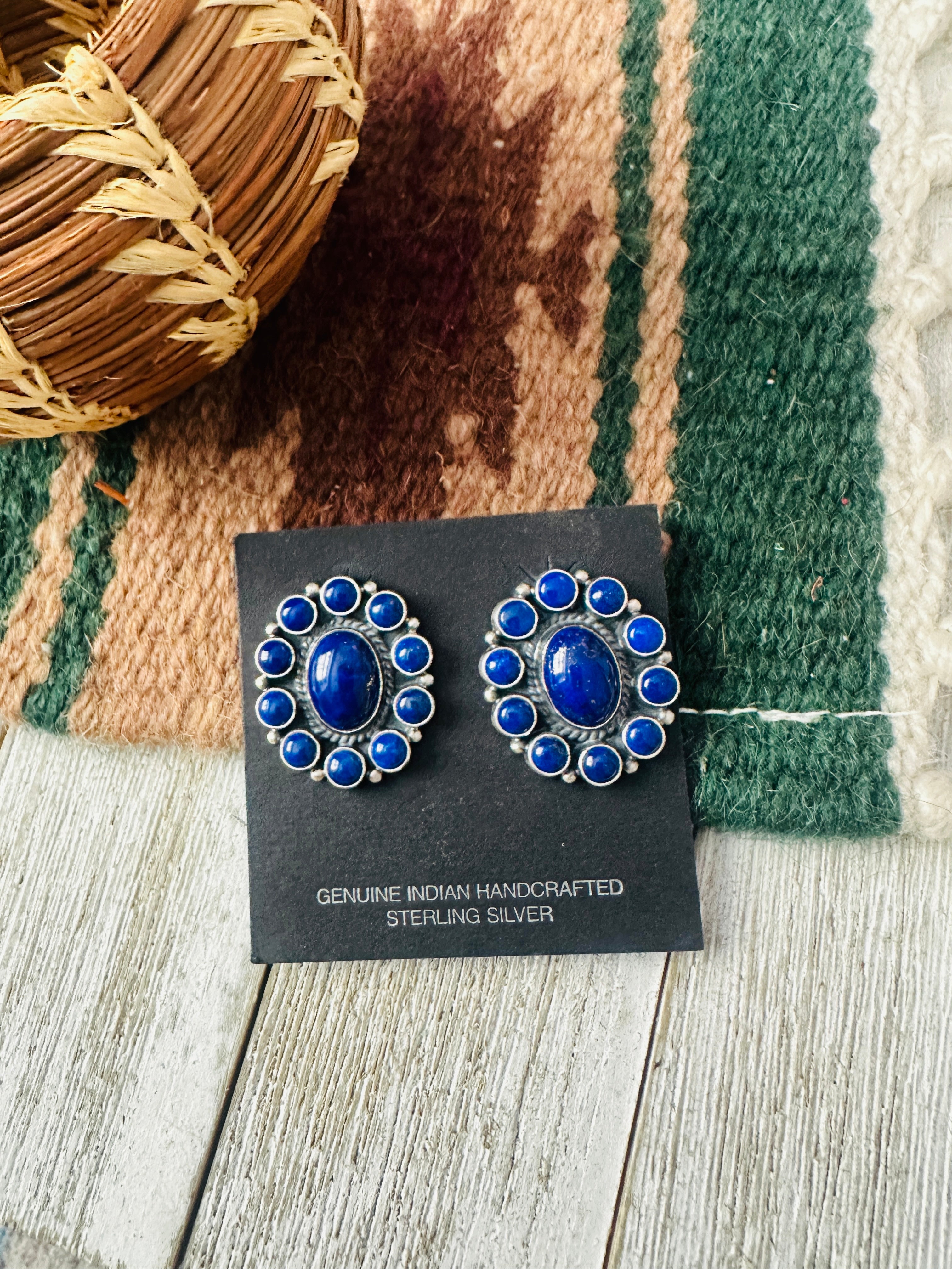 Handcrafted Old Pawn Lapis and Sterling Silver Cluster Clip On Earrings