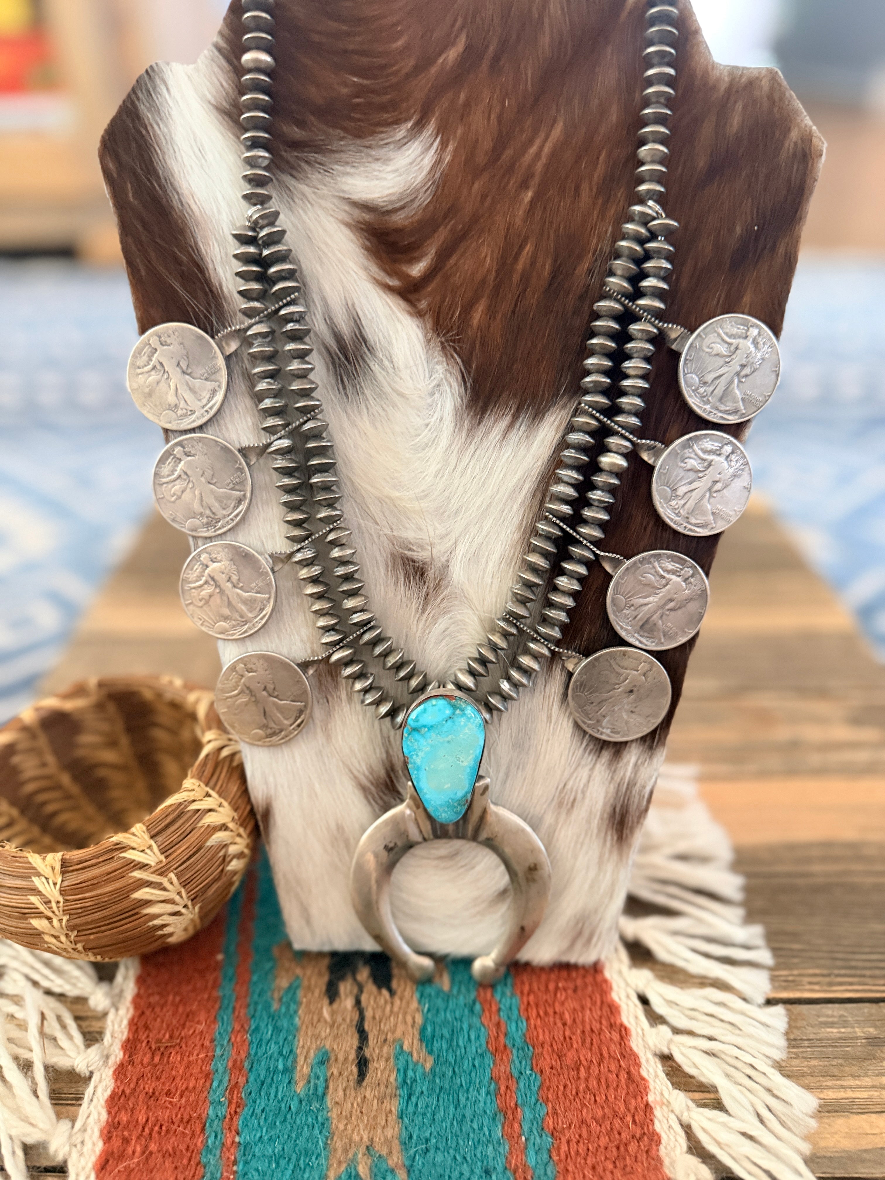 Old Pawn Handcrafted Turquoise & Sterling Silver Liberty Coin Squash Blossom Necklace