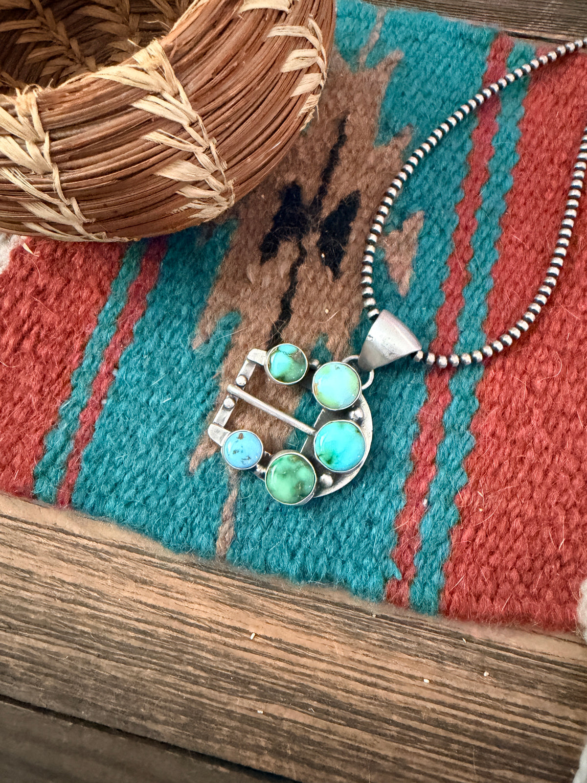 Handcrafted Sterling Silver & Turquoise Belt Buckle Pendant by Russell Sam