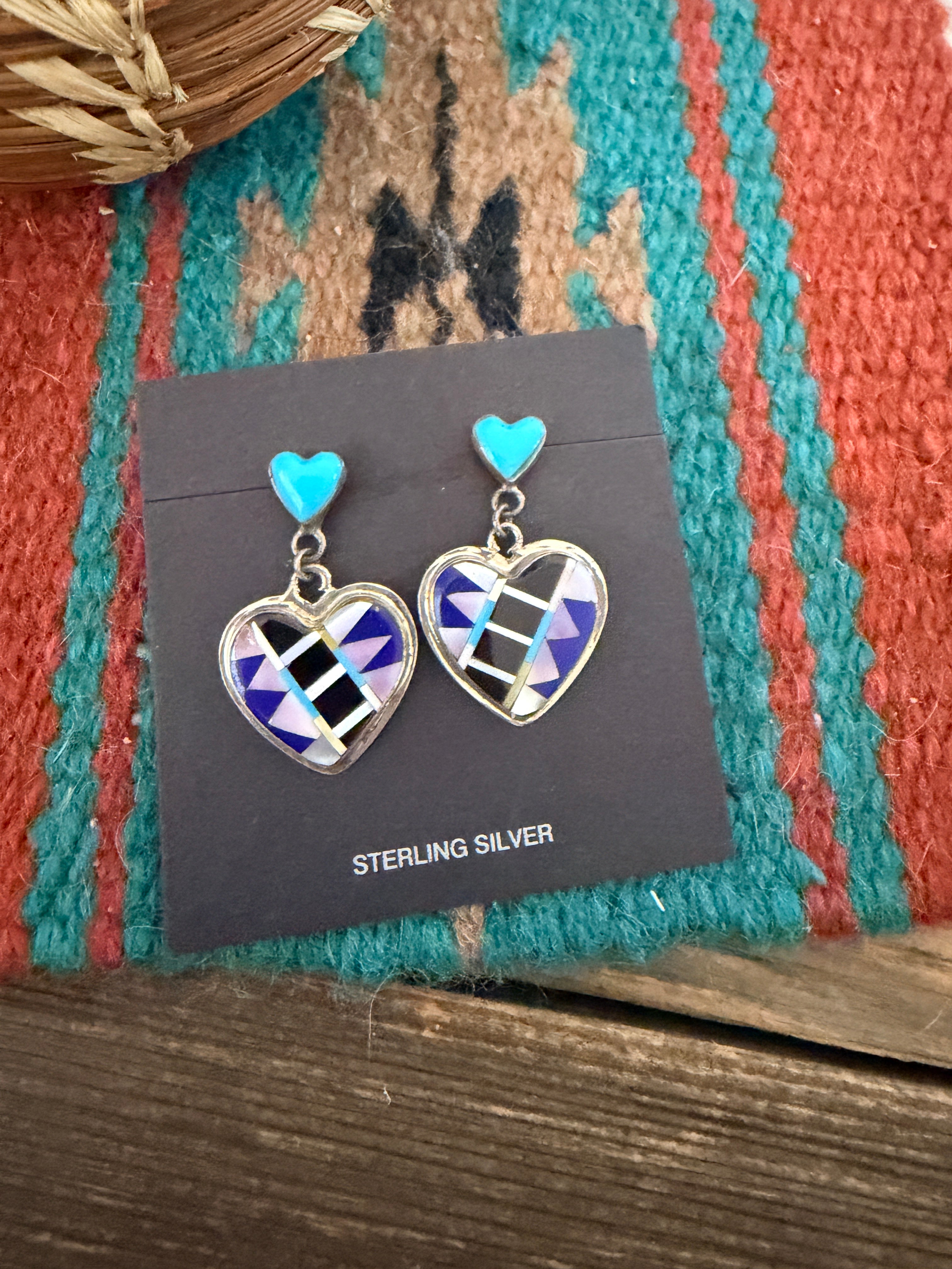 Old Pawn Handcrafted Sterling Silver & Multi Stone Inlay Heart Dangle Earrings