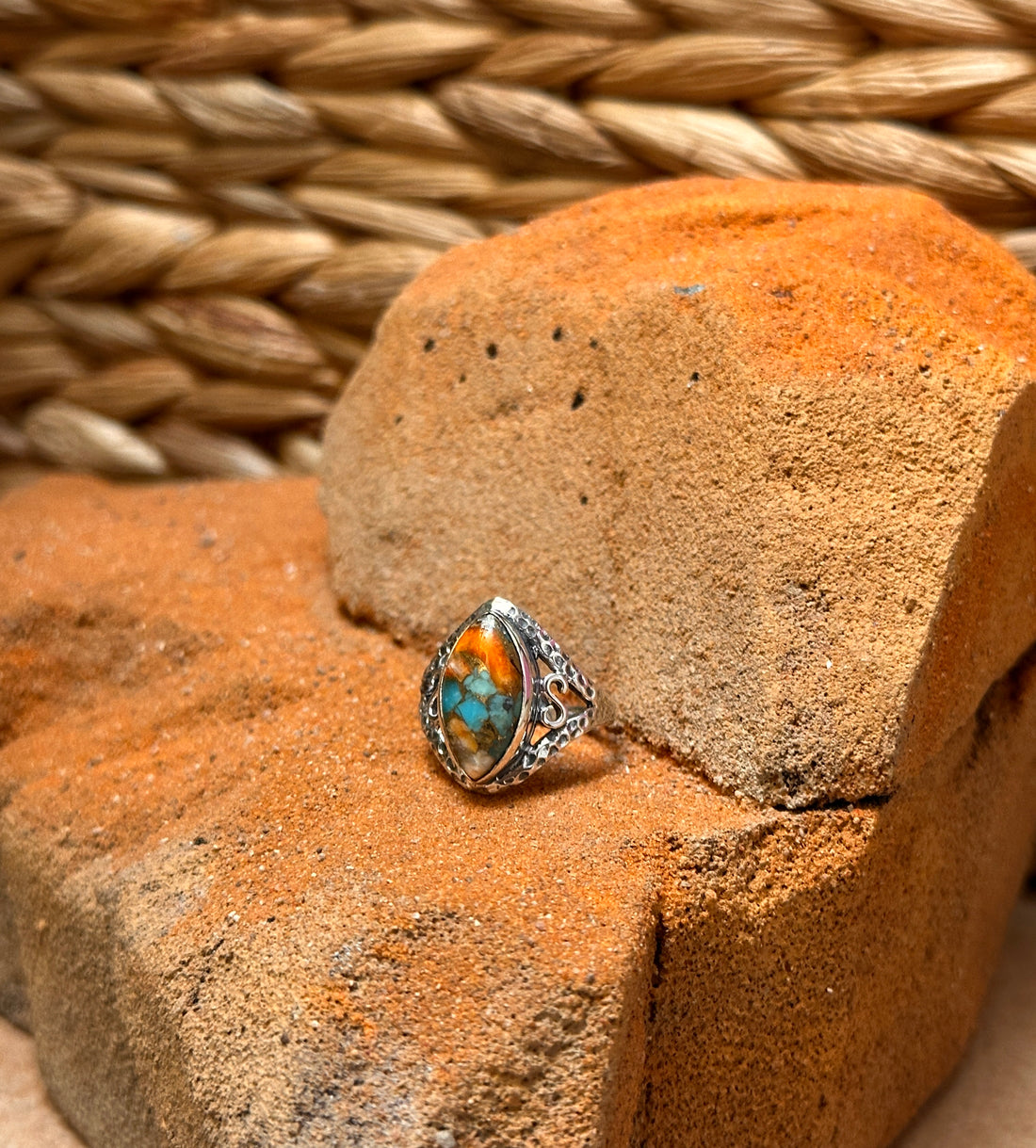 Sterling Silver Orange Spiny Turquoise Ring Size 7.5