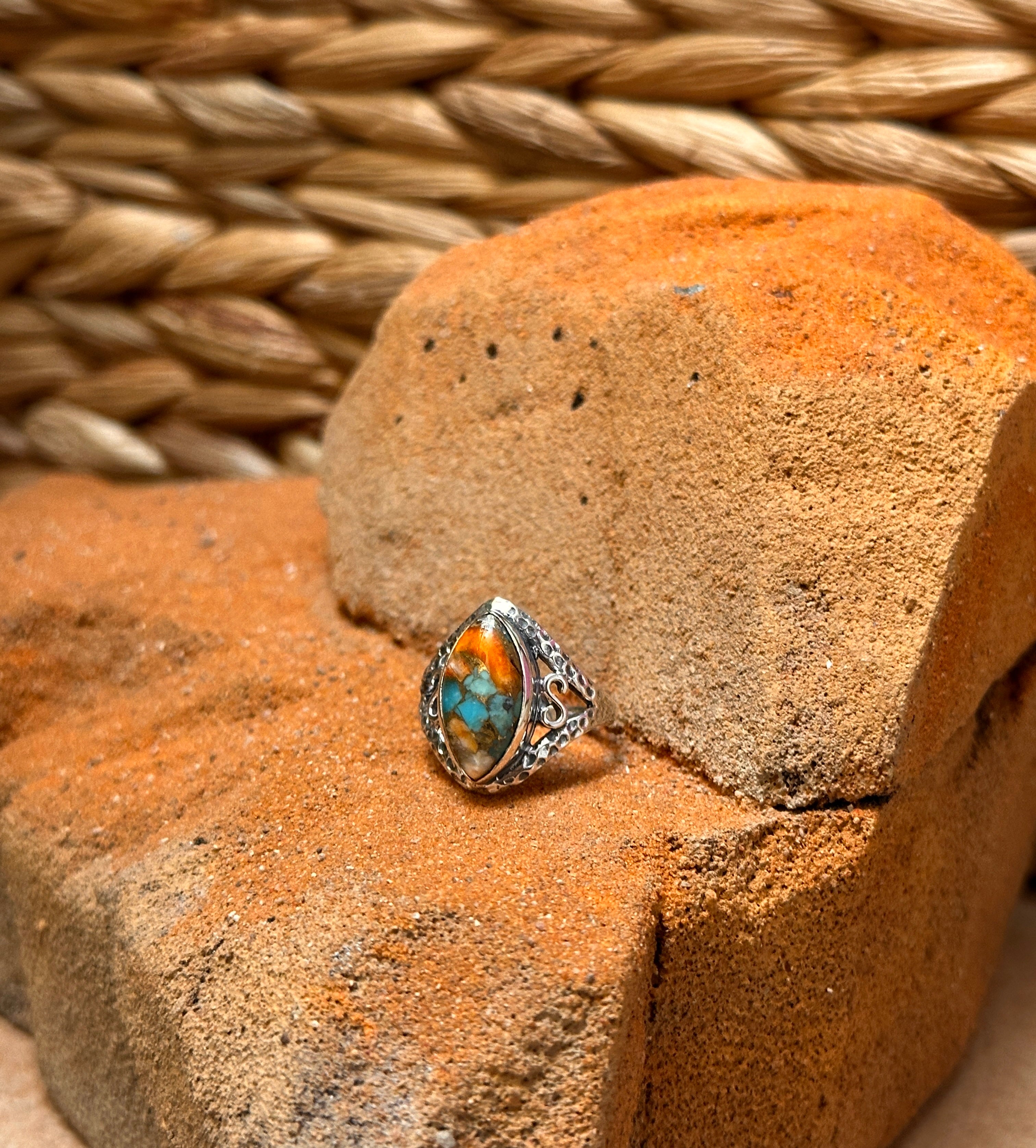 Sterling Silver Orange Spiny Turquoise Ring Size 7.5