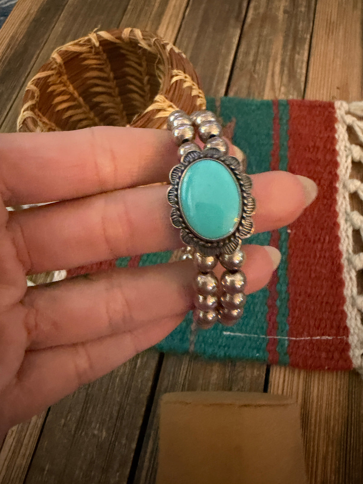 Handcrafted Old Pawn Sterling Silver Pearl & Turquoise Beaded Cuff Bracelet