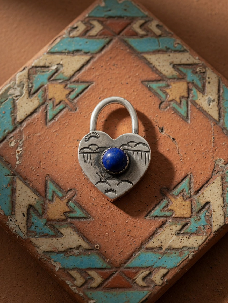 Sterling Silver Heart Padlock Pendant with Lapis Stone