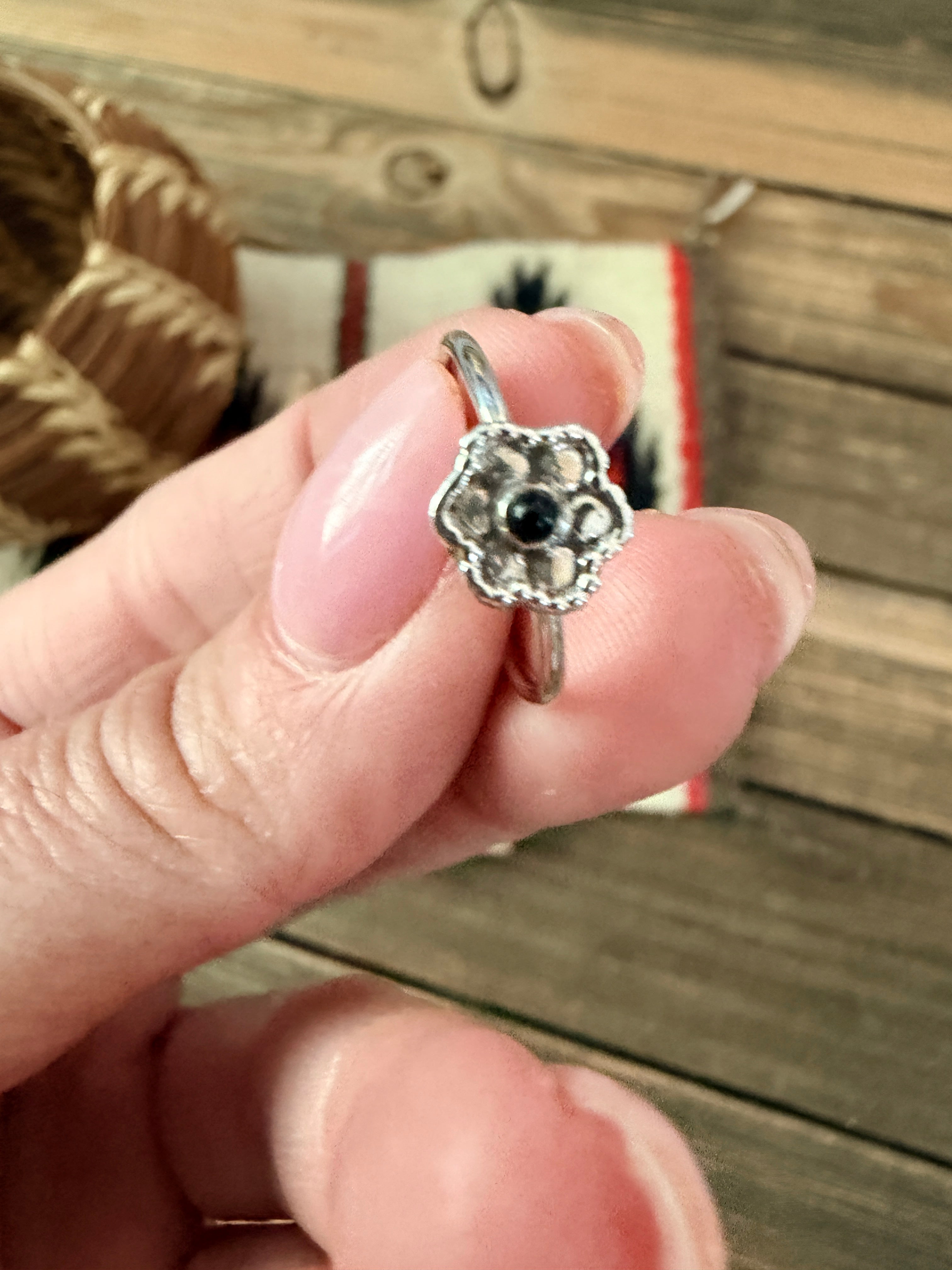 Handmade Sterling Silver & Onyx Adjustable Flower Ring