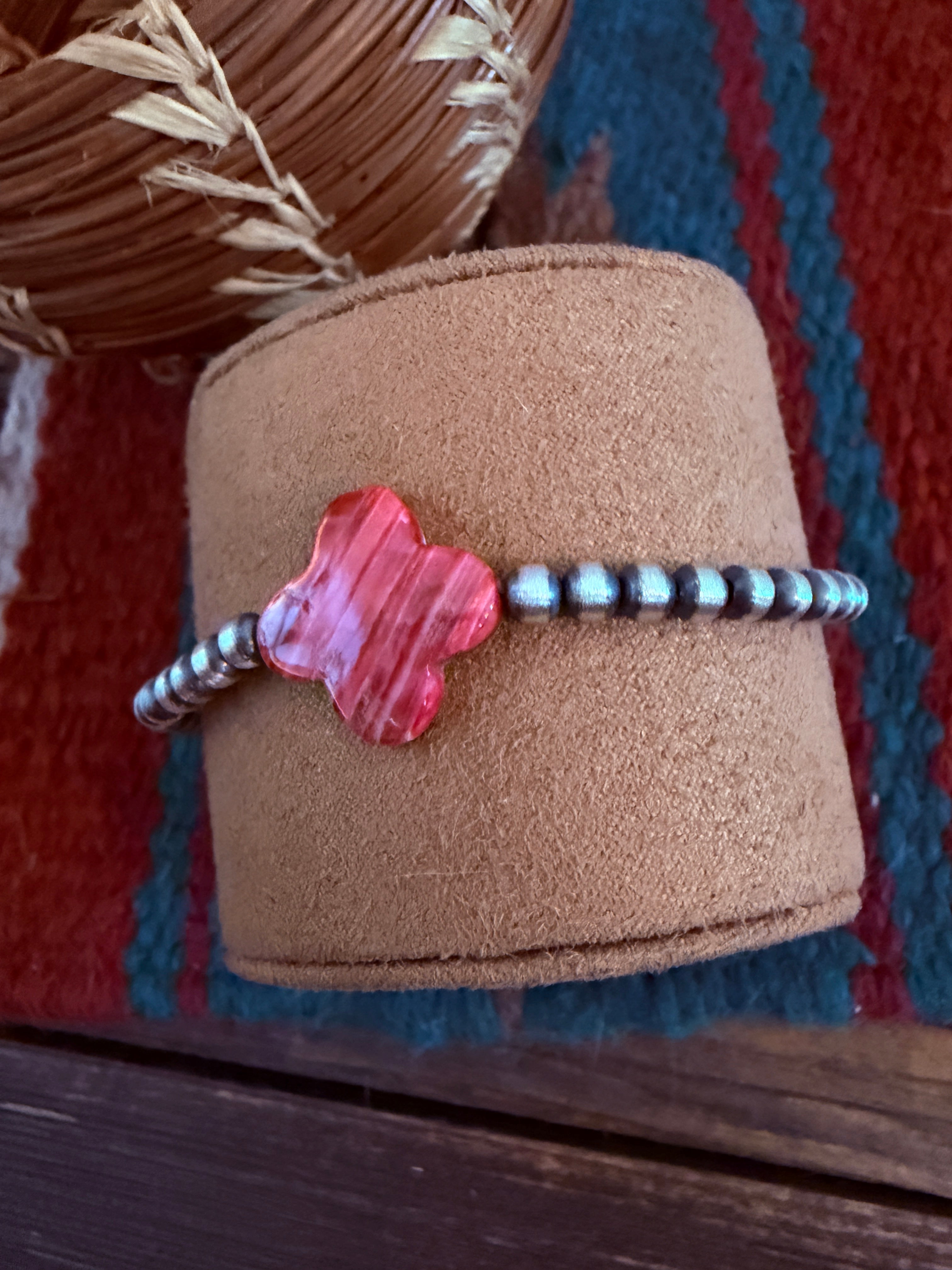 Handcrafted Spiny Oyster & Sterling Silver Pearl Cross Beaded Bracelet