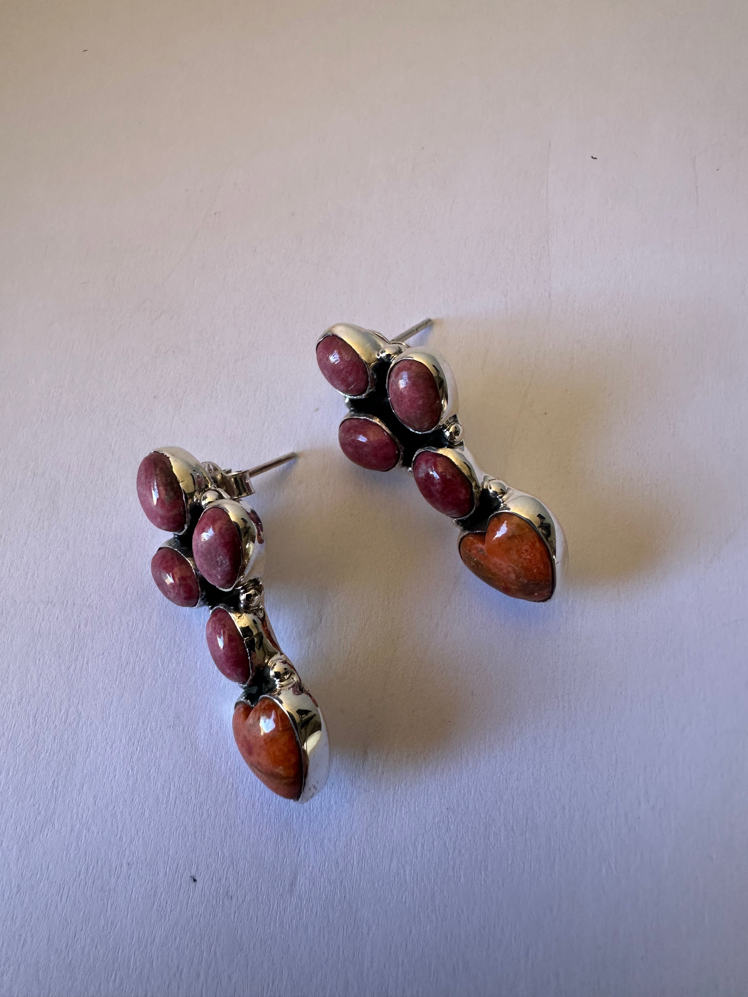 Handmade Orange Mojave, Rhodonite and Sterling Silver Post Earrings Signed Nizhoni