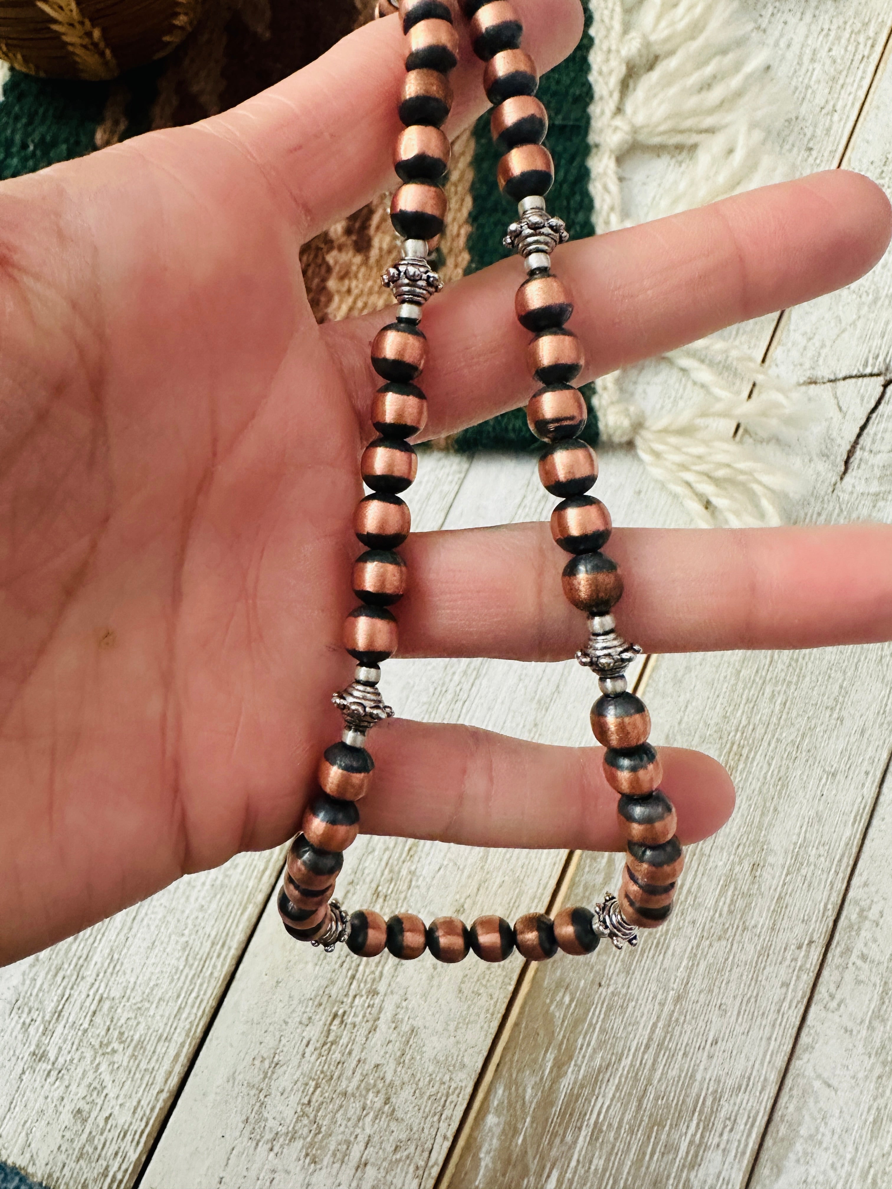 Navajo Copper & Sterling Silver 18” Beaded Necklace