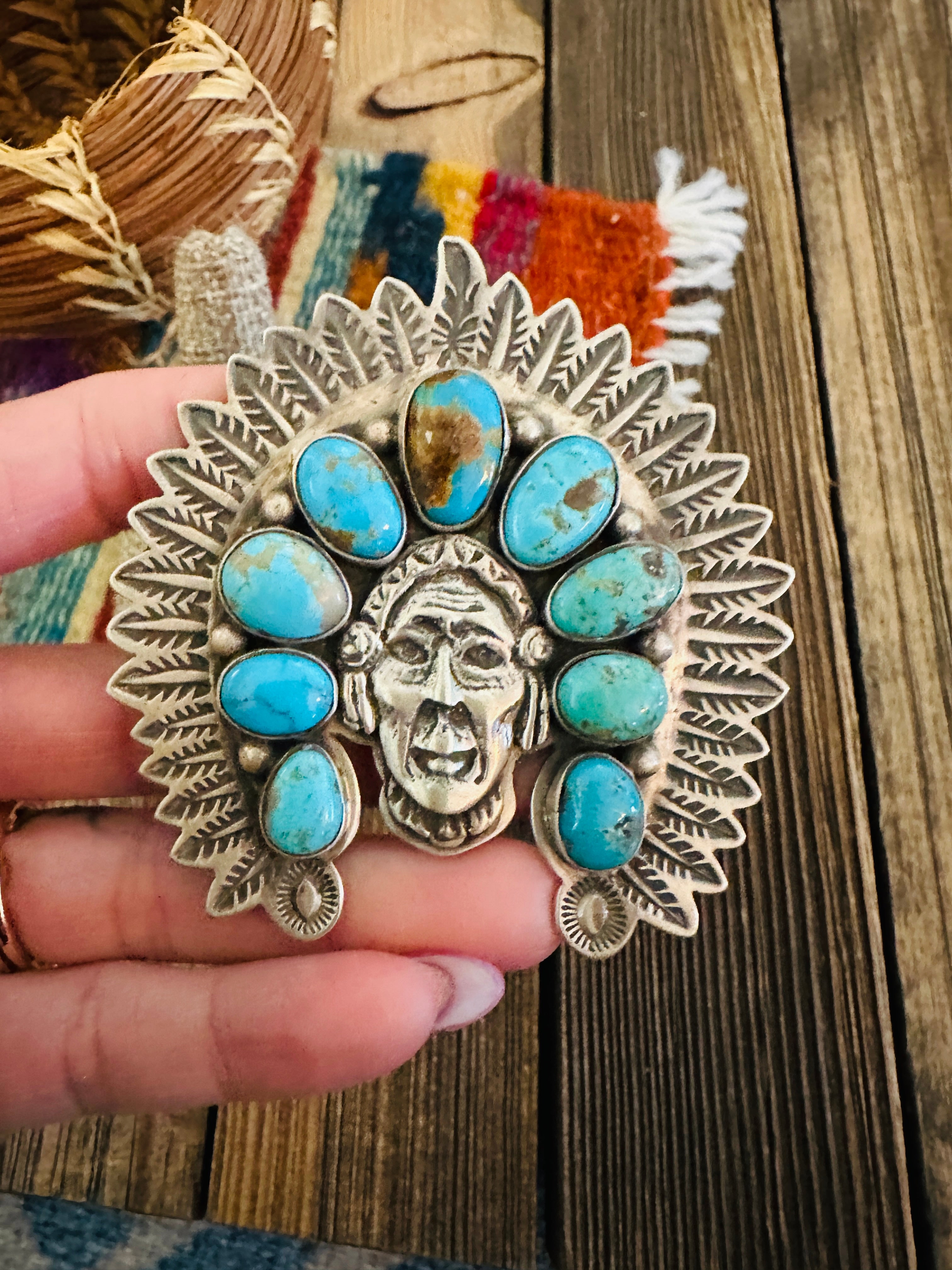Handcrafted Turquoise & Sterling Silver Adjustable Indian Chief Ring by Charles Johnson
