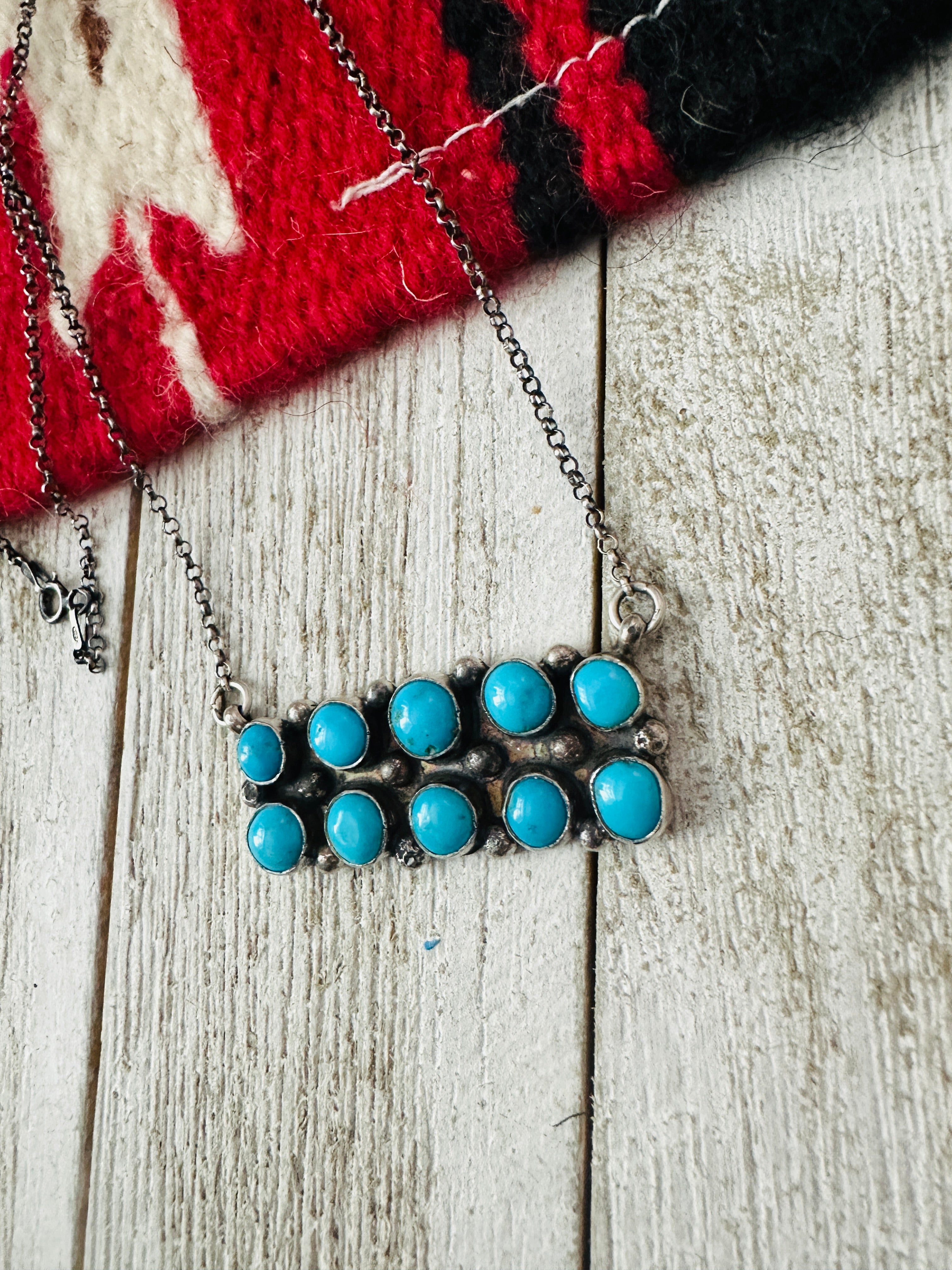 Navajo Sterling Silver & Turquoise Cluster Bar Necklace