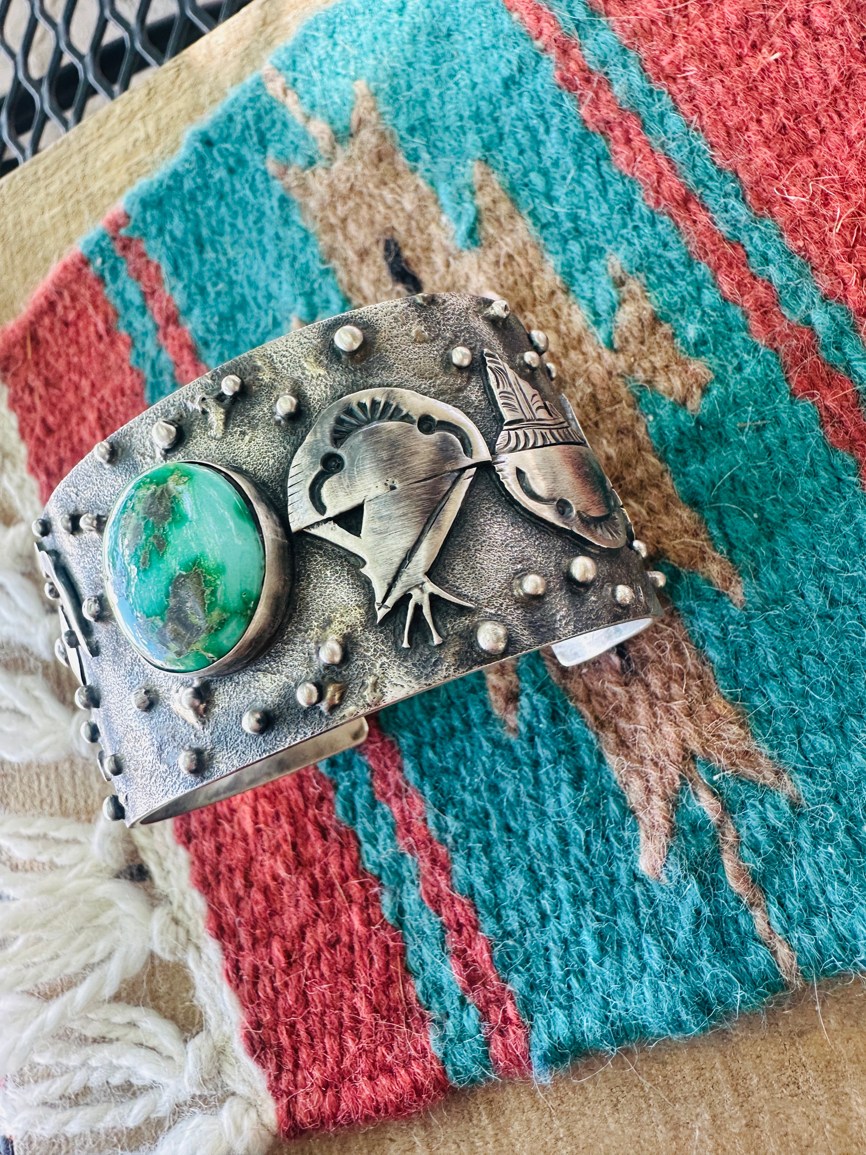 Handcrafted Sonoran Mountain Turquoise and Sterling Silver Story Teller Cuff Bracelet by Randy Billy