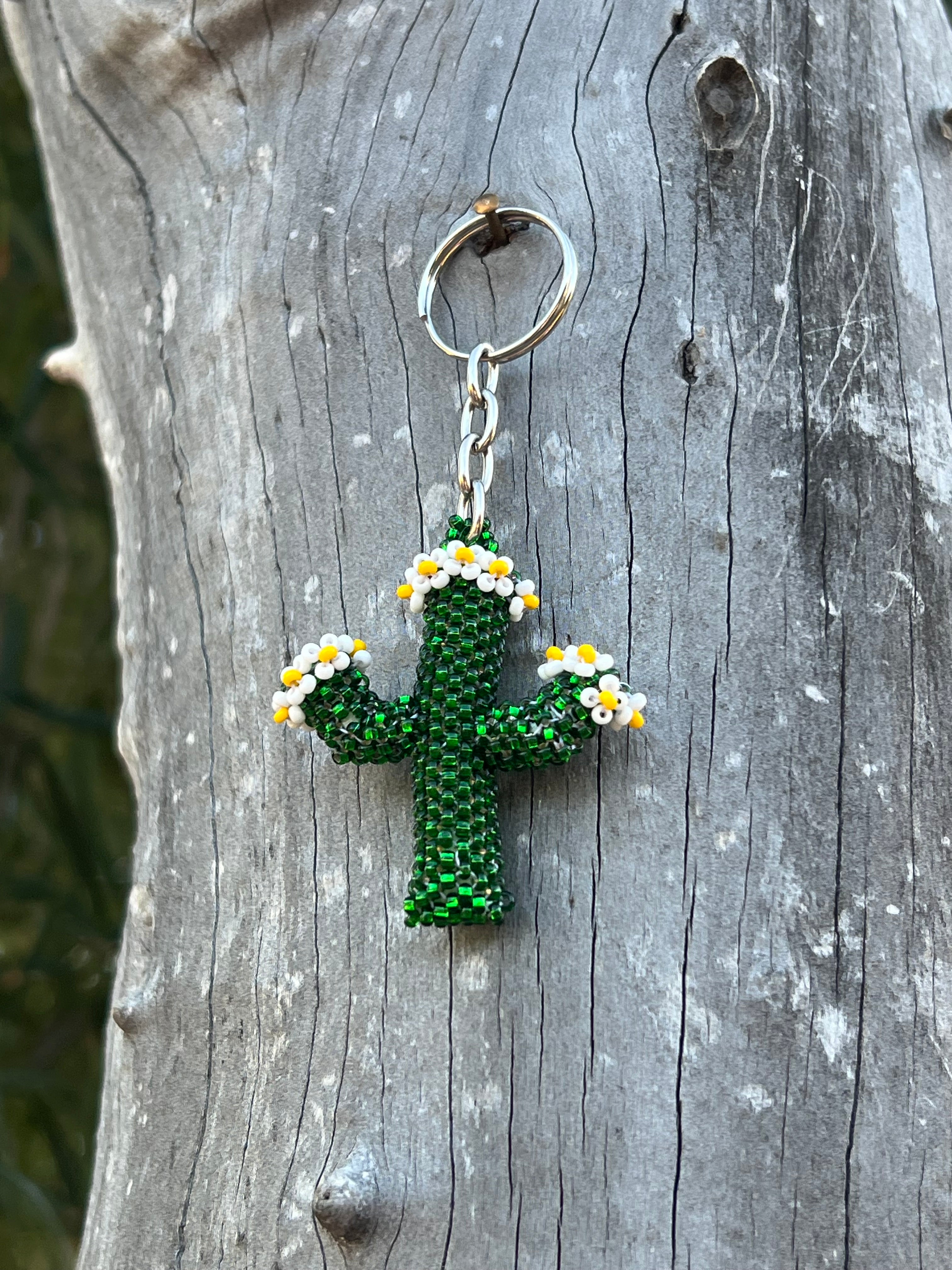 🌵Handmade Beaded Dark Green Saguaro Cactus Keychain🌵