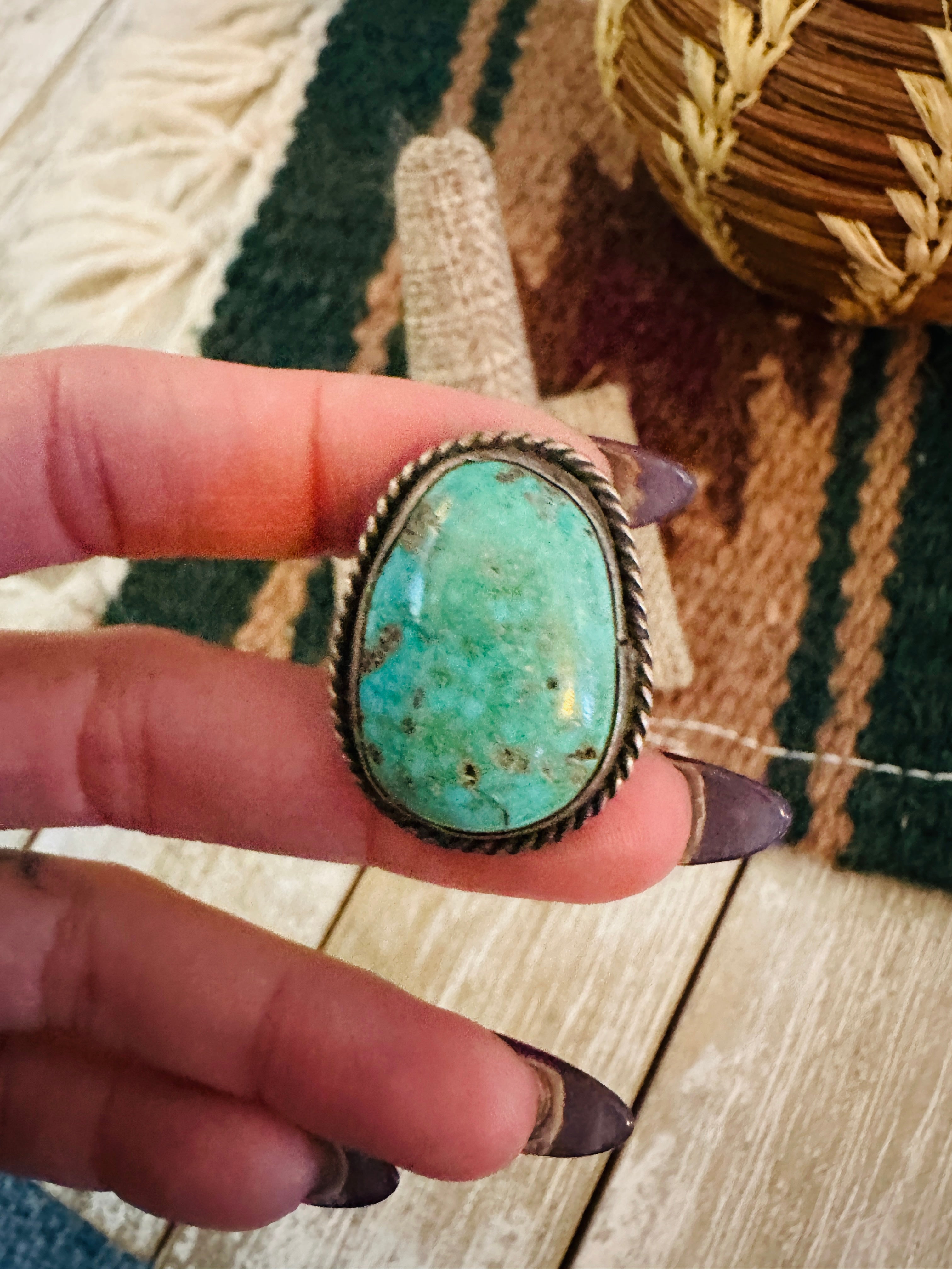 Old Pawn Handcrafted Turquoise & Sterling Silver Ring Size 9.75