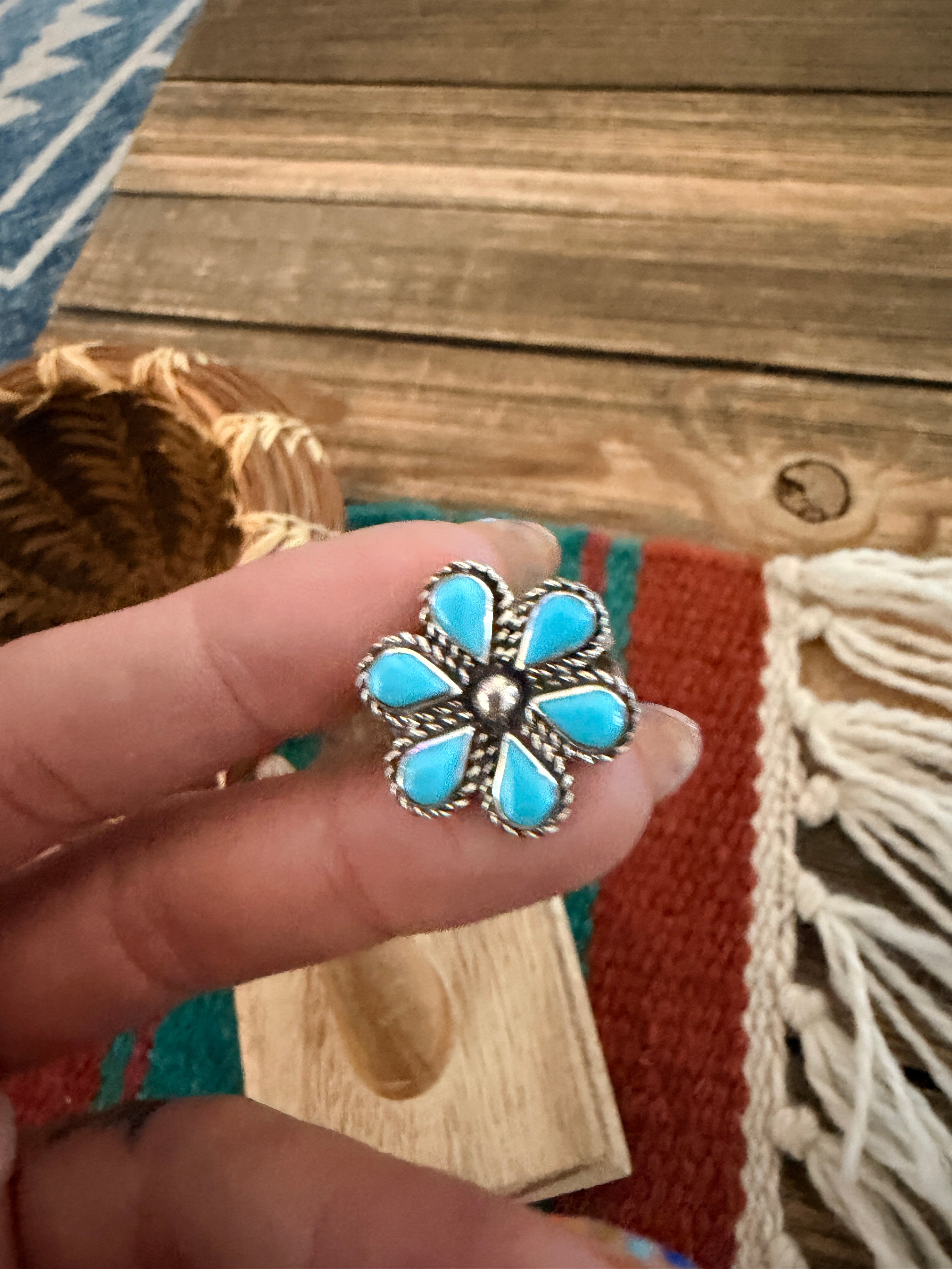 Handcrafted Turquoise & Sterling Silver Cluster Ring Size 7.75