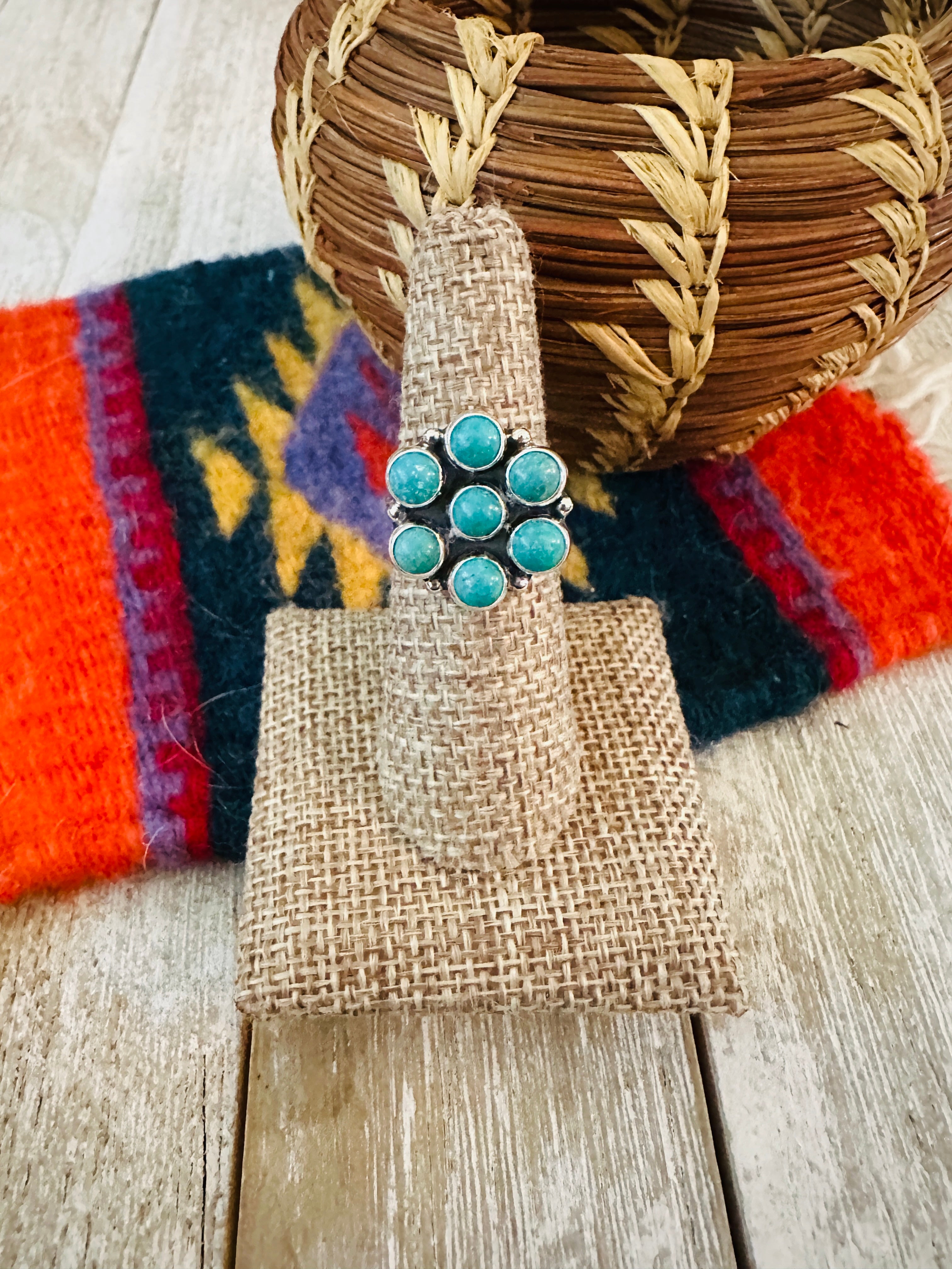 Handcrafted Turquoise & Sterling Silver Cluster Ring Size 6.5