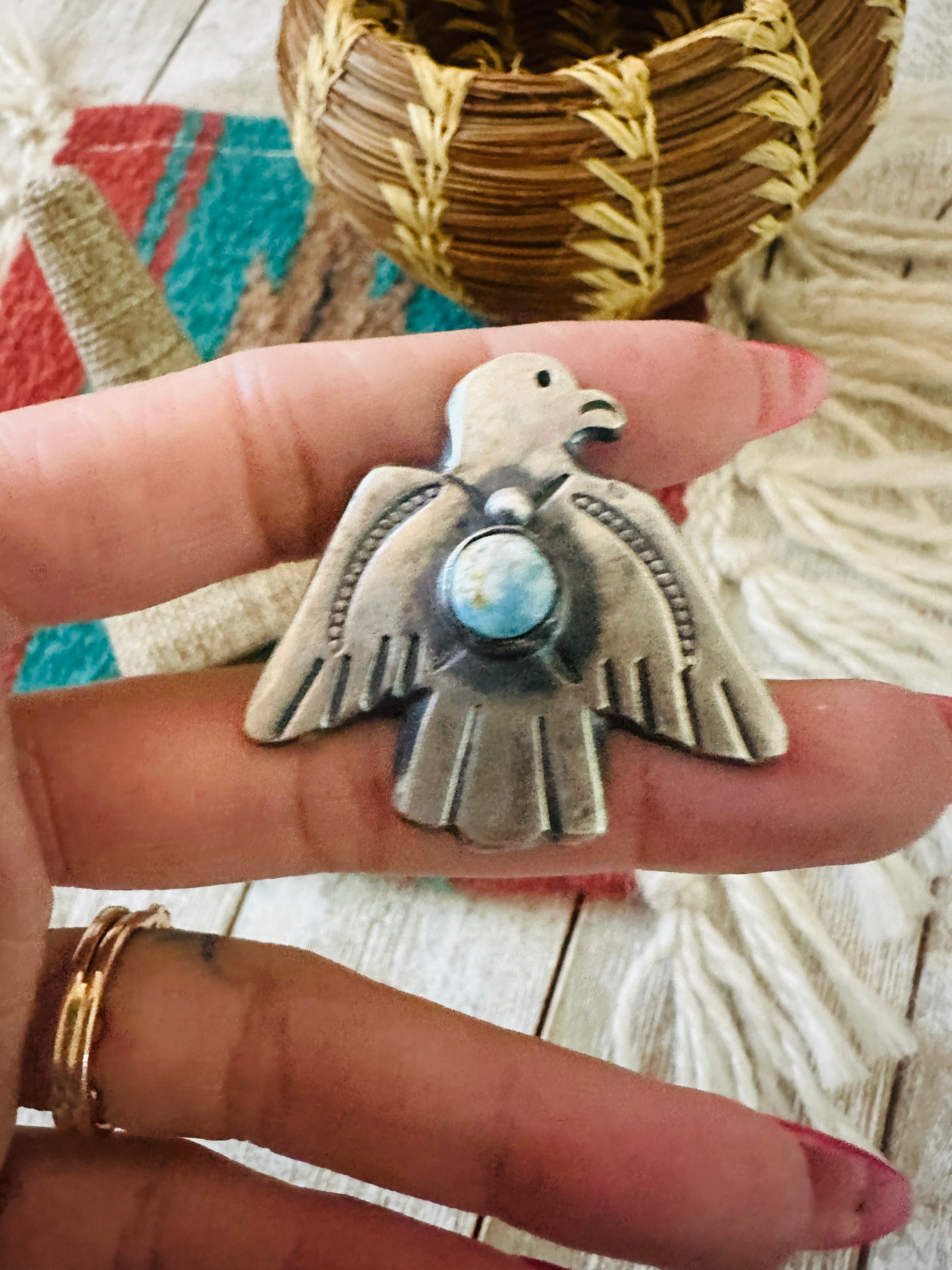 Handcrafted Turquoise & Sterling Silver Thunderbird Ring Chimney Butte Size 7