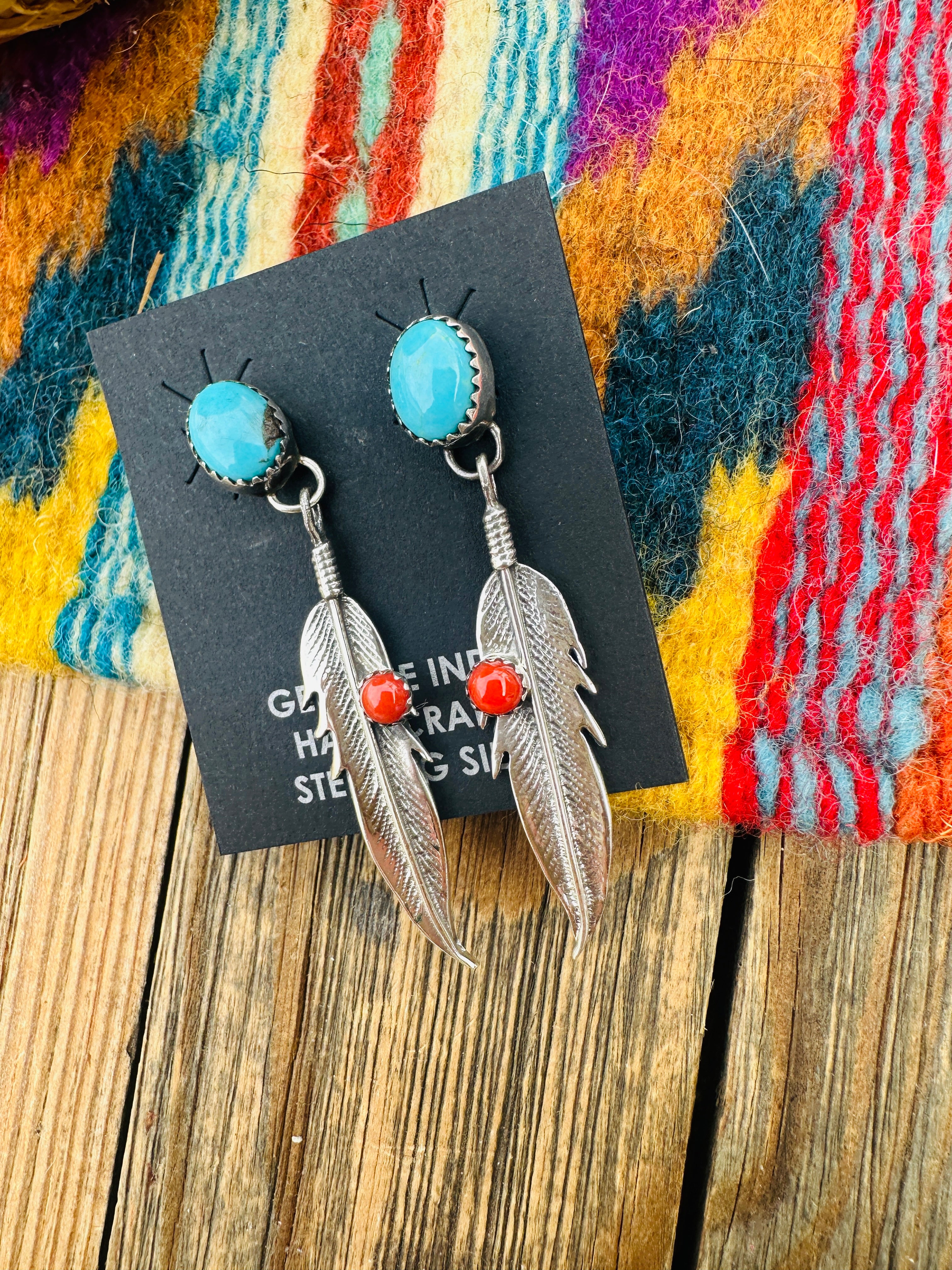 Handcrafted Turquoise, Coral & Sterling Silver Feather Dangle Earrings