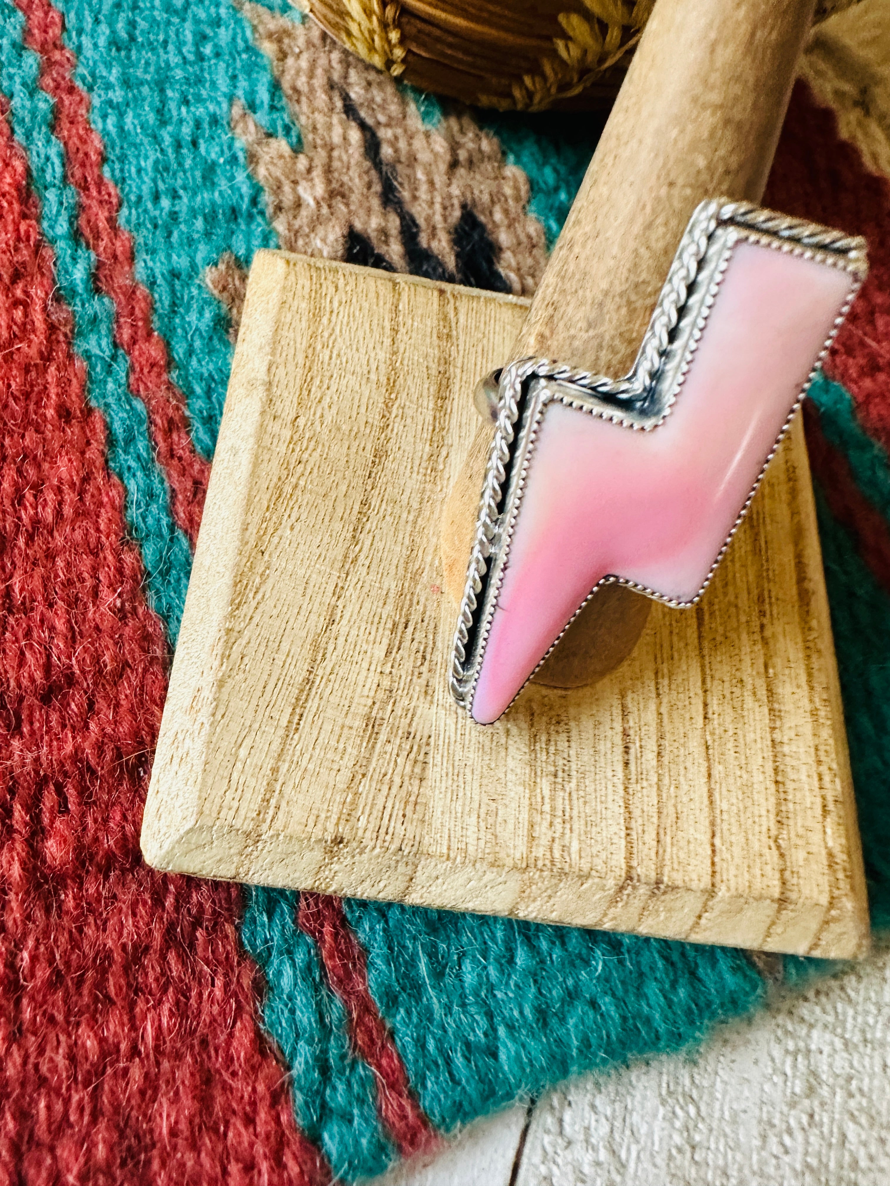 Navajo Sterling Silver & Queen Pink Conch Lightning Bolt Adjustable Ring