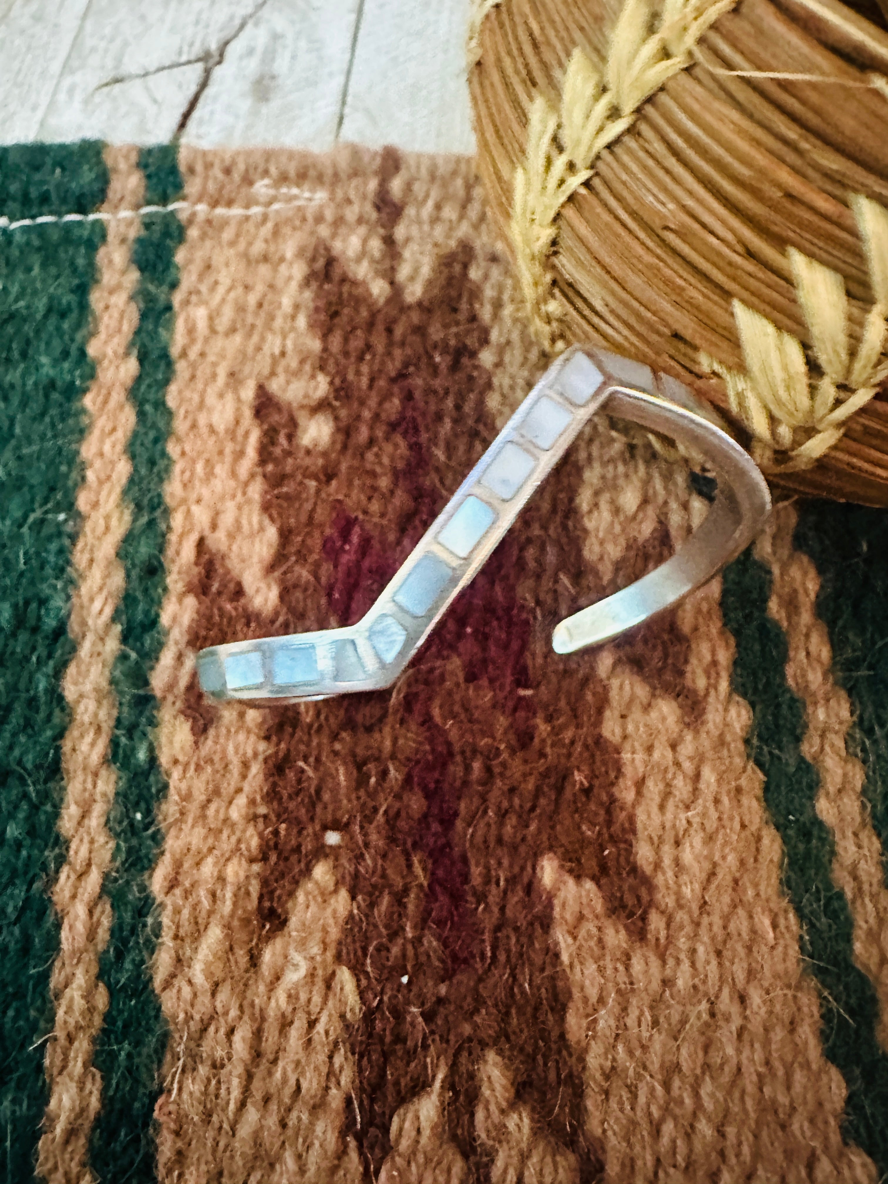 Handcrafted Old Pawn Mother of Pearl & Sterling Silver Inlay Cuff Bracelet /