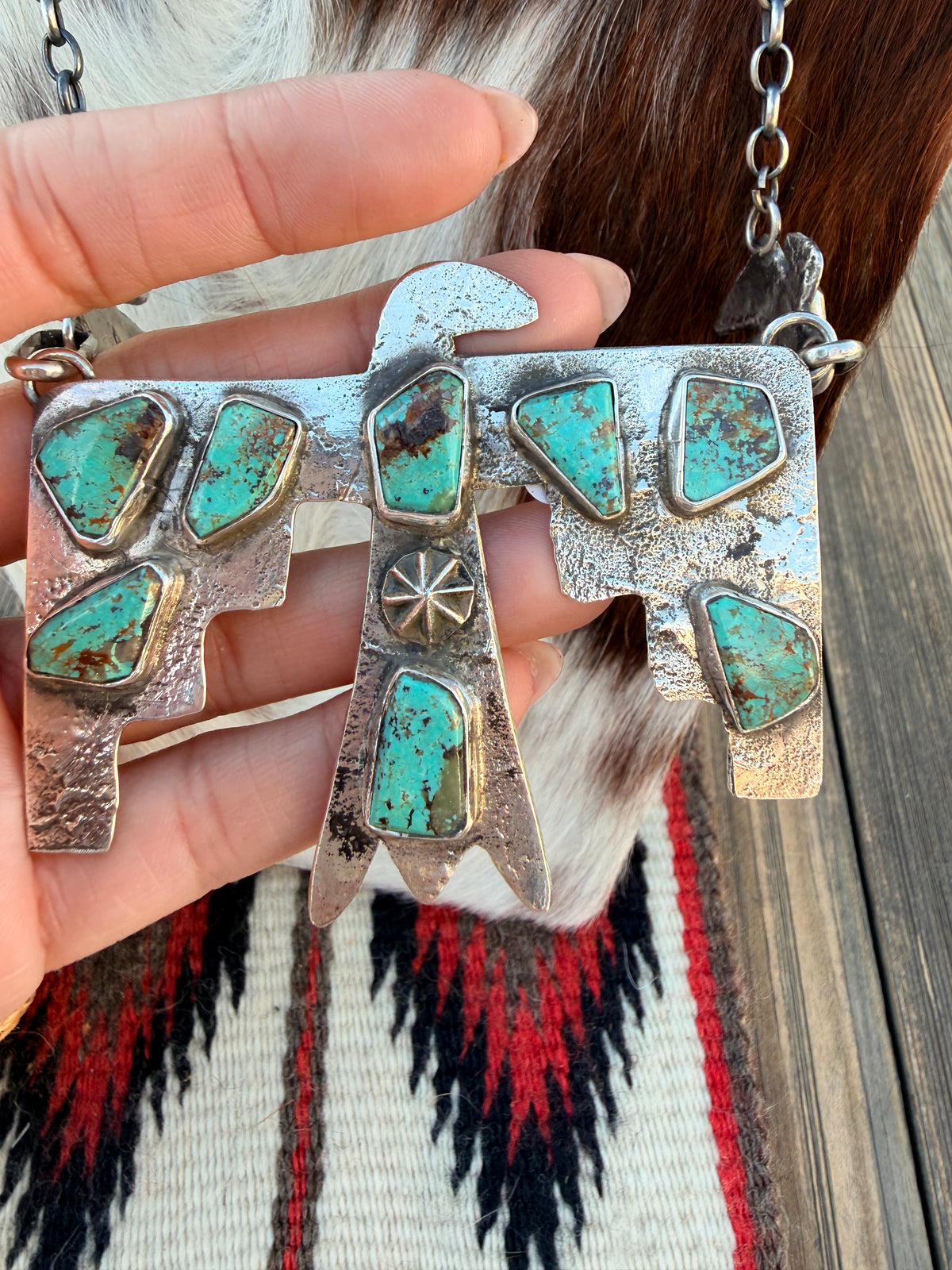 Handcrafted Sterling Silver & Kingman Turquoise Thunderbird Necklace by Jude Candelaria