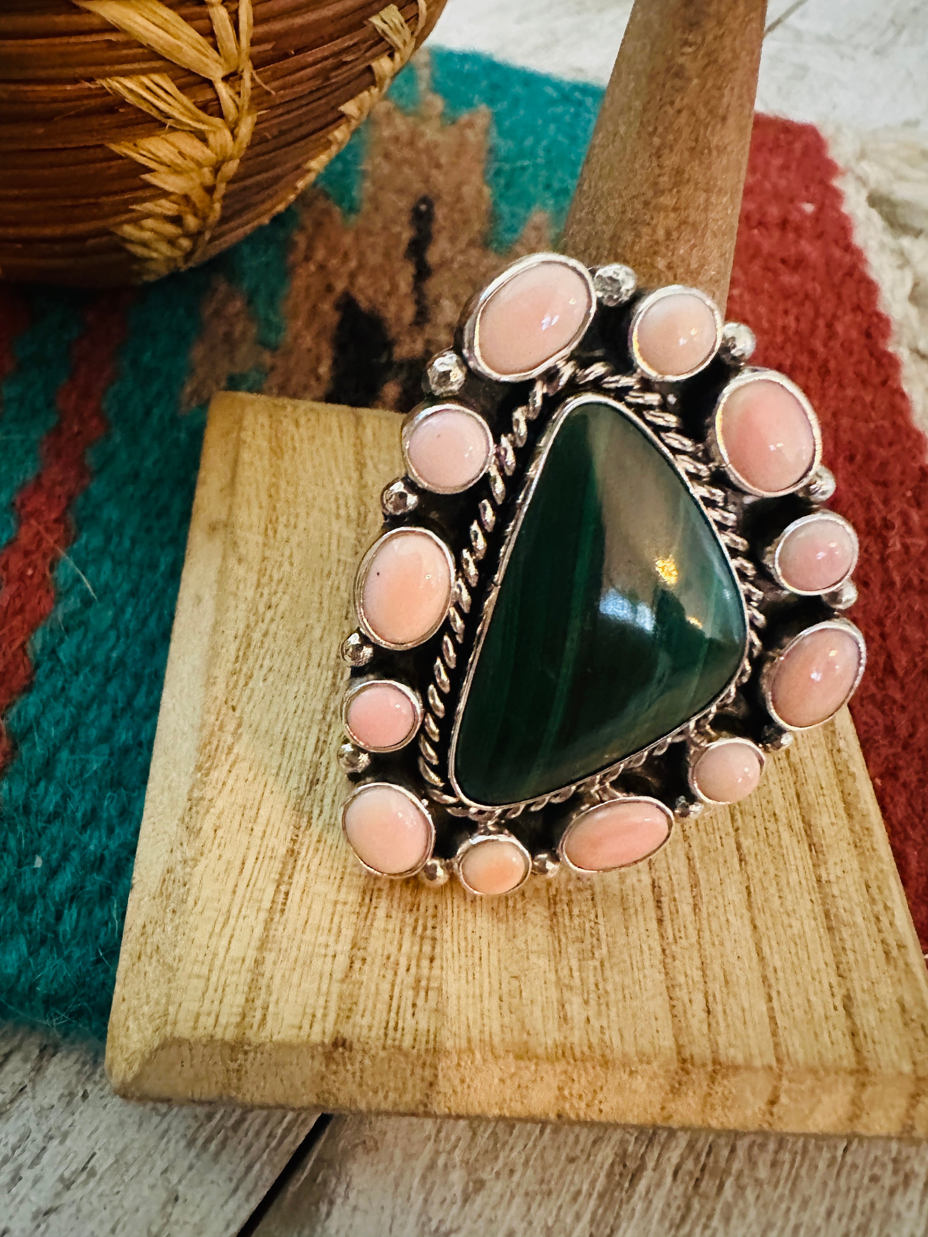 Navajo Sterling Silver, Queen Pink Conch & Malachite Cluster Adjustable Ring