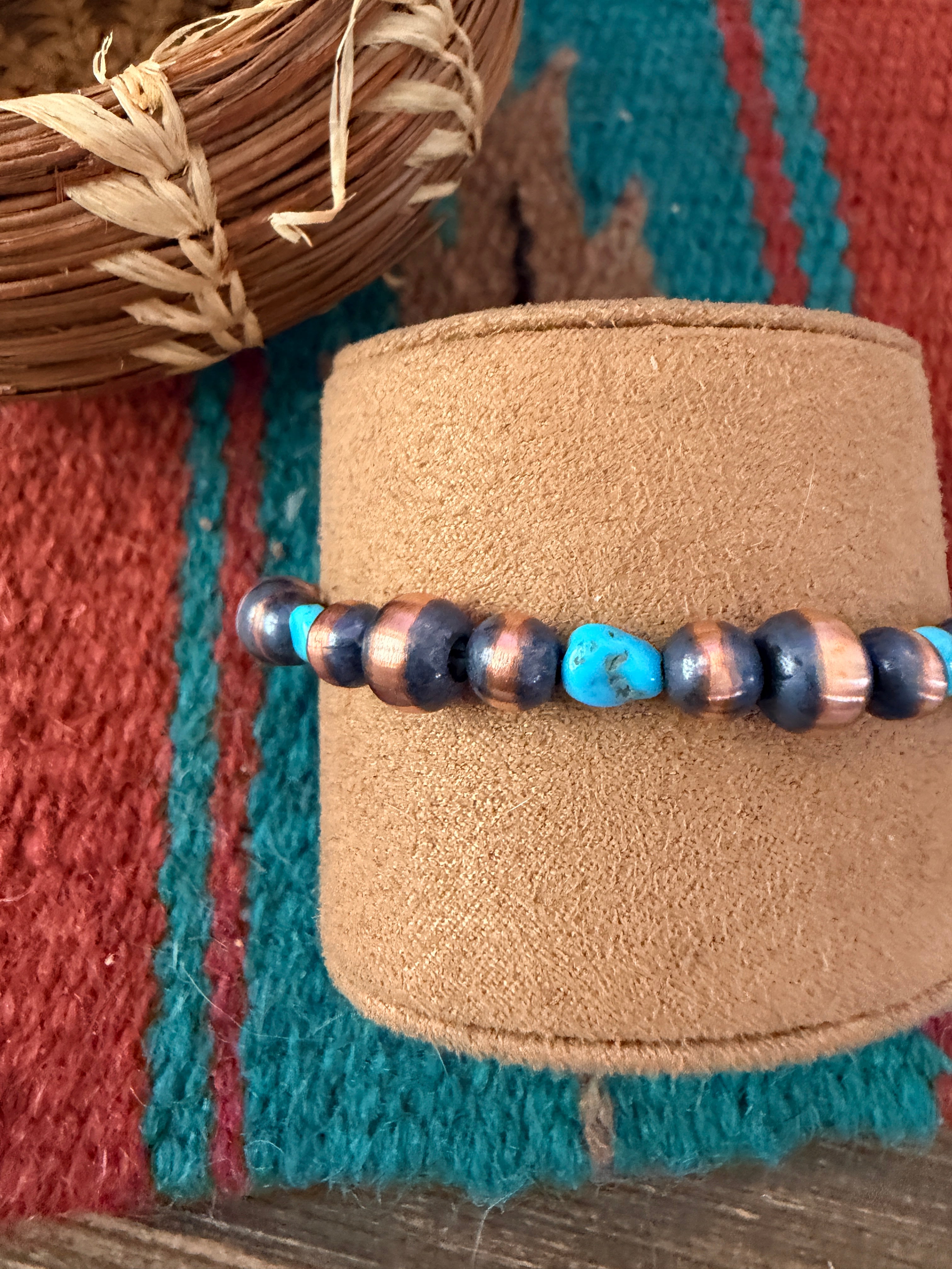 Handcrafted Turquoise & Copper Beaded Bracelet 7”