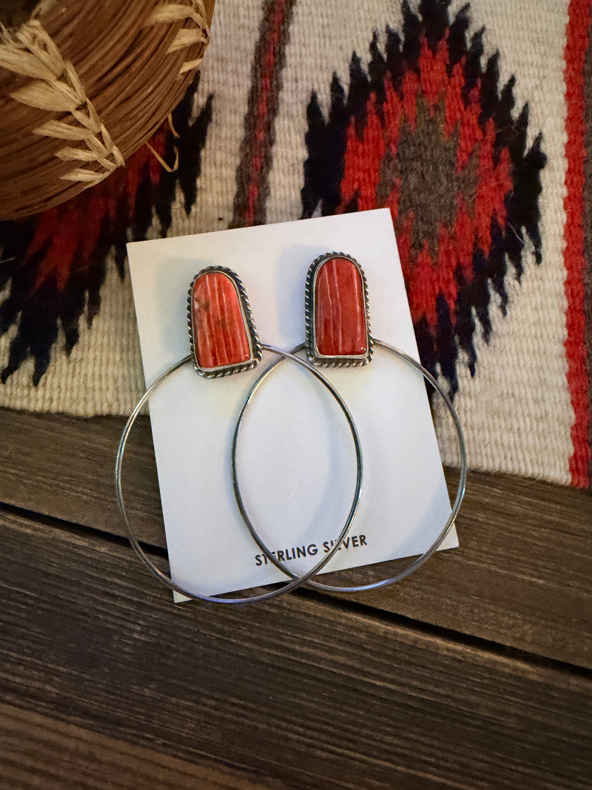 Handcrafted Orange Spiny and Sterling Silver Dangle Hoop Earrings by Elouise Kee