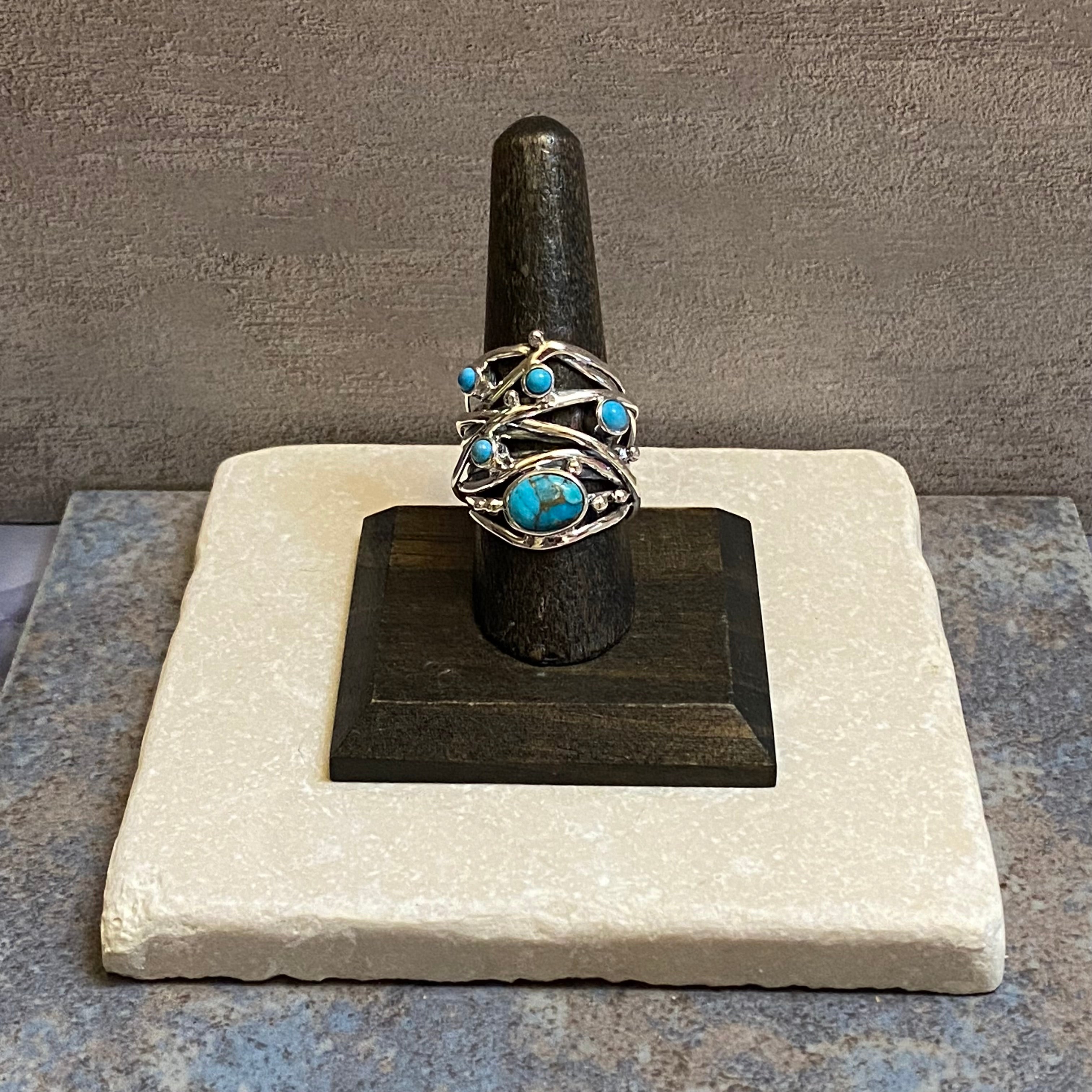 Sterling Silver Five Stone Copper Turquoise Strand Ring Size 8.5