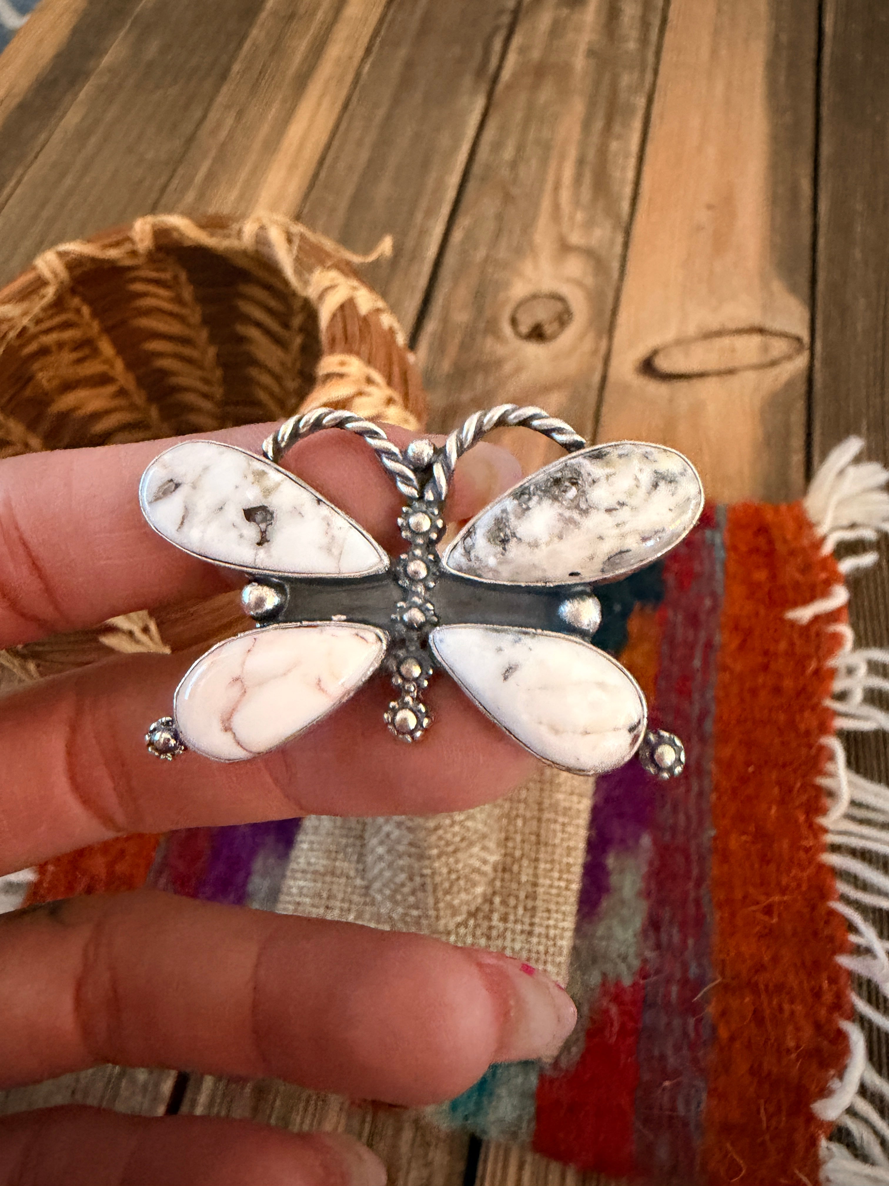 Handcrafted White Buffalo & Sterling Silver Adjustable Butterfly Ring