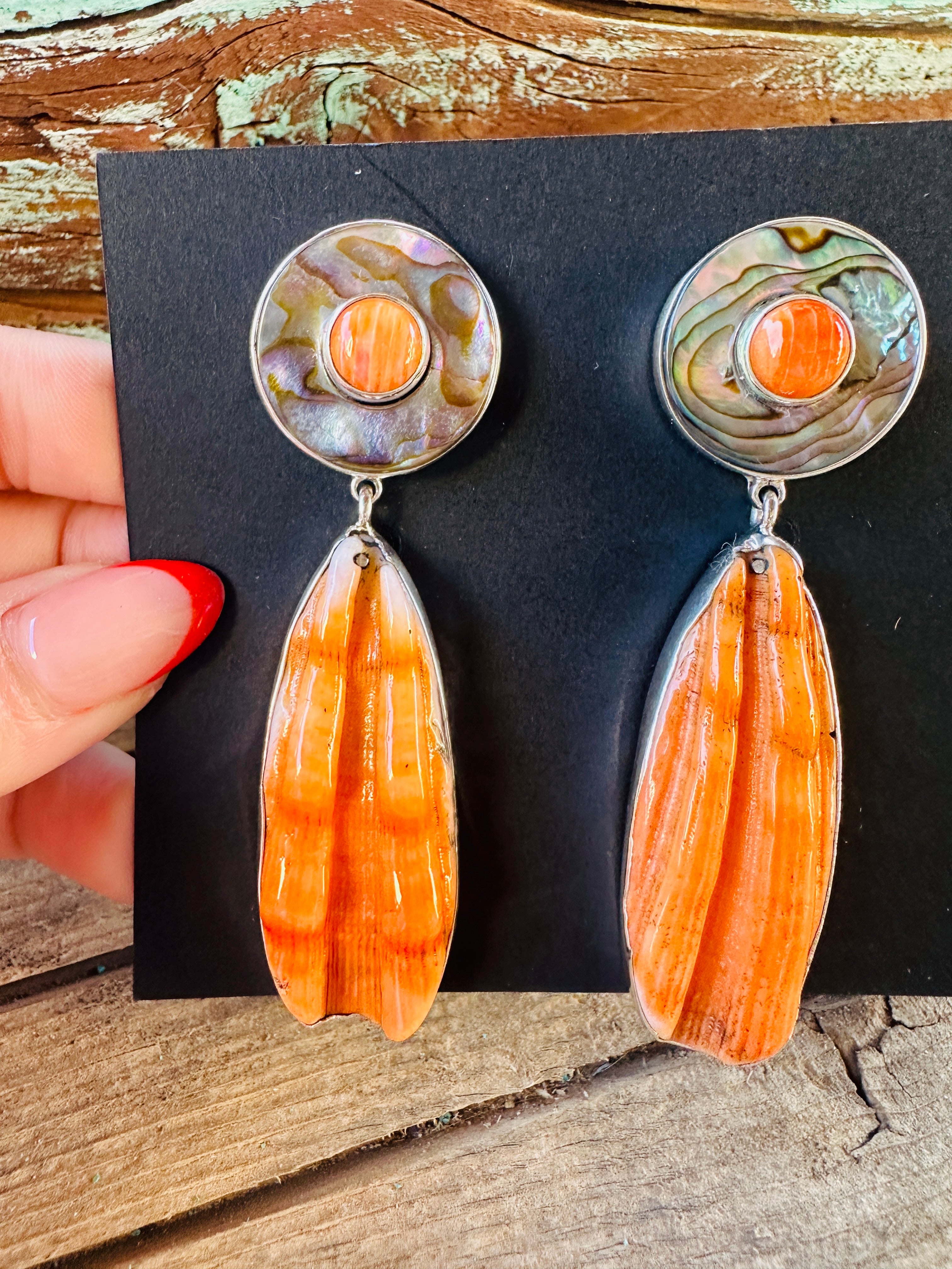 Handcrafted Spiny Oyster, Abalone & Sterling Silver Dangle Earrings by Federico Jimenez