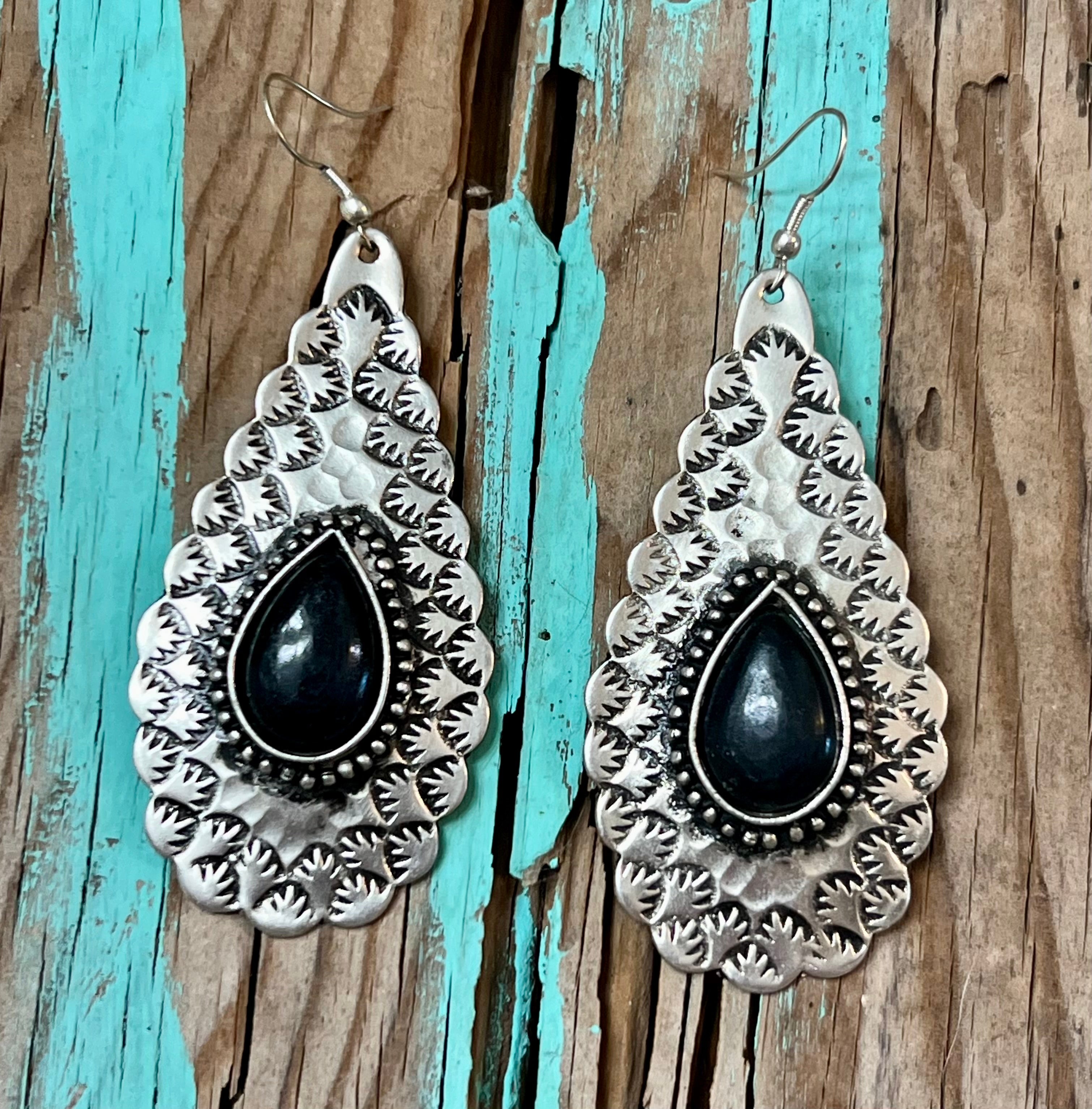 Silver-Plated Earrings with Black Teardrop Accent