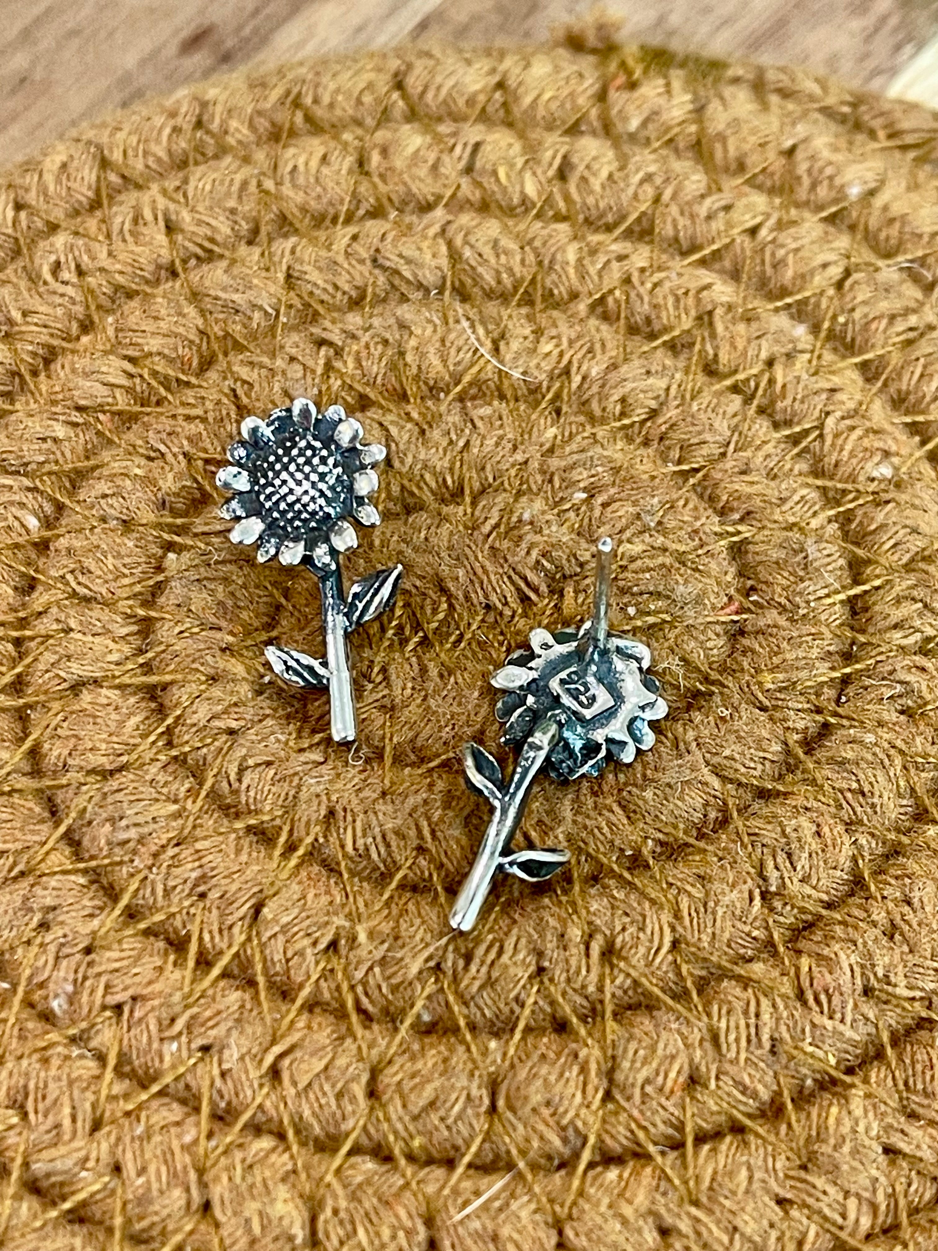 Handmade In Mexico Sterling Silver, Sunflower Stud Earrings