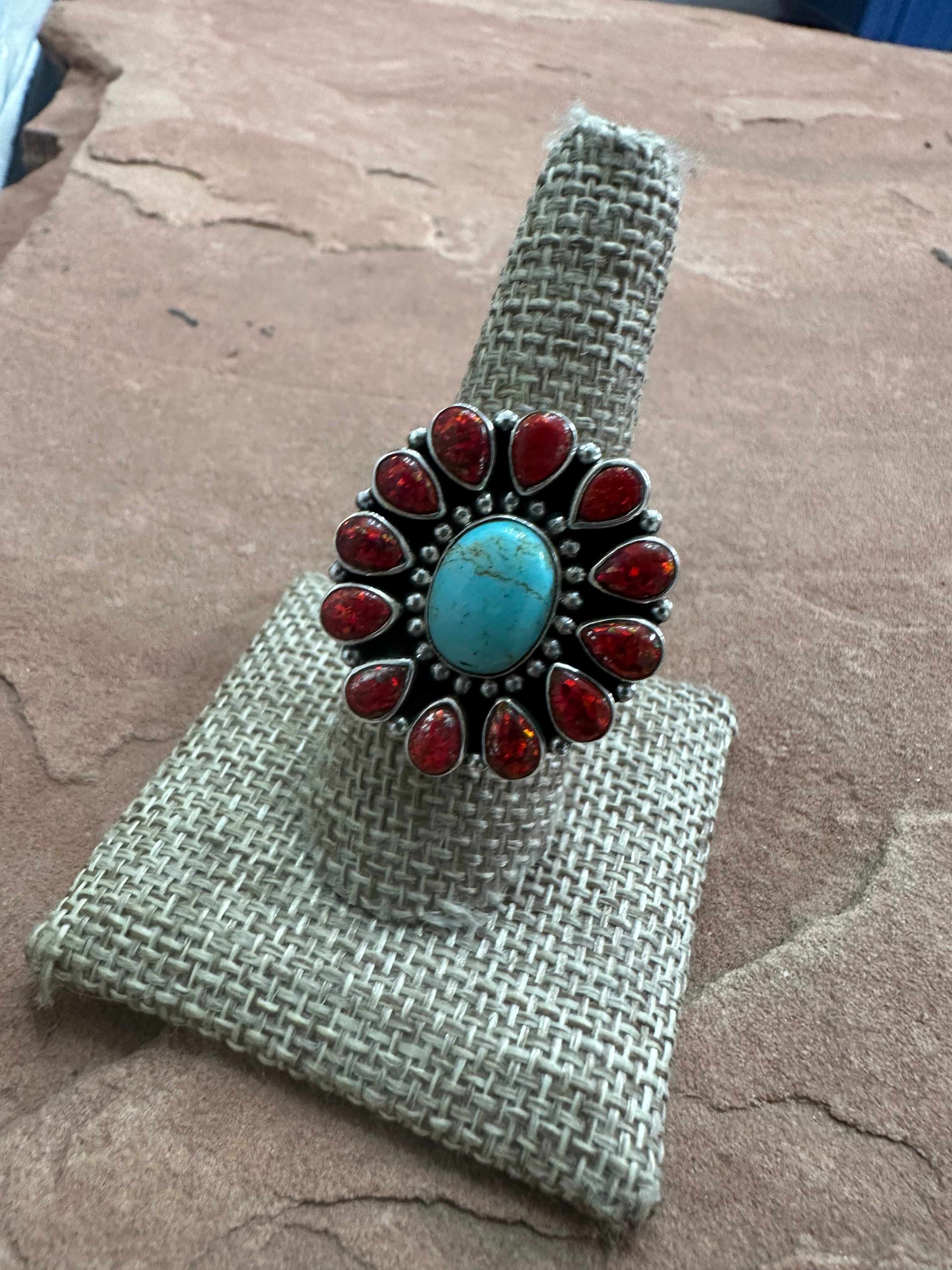 Handmade Red Fire Opal, Turquoise & Sterling Silver Adjustable Ring Signed Nizhoni