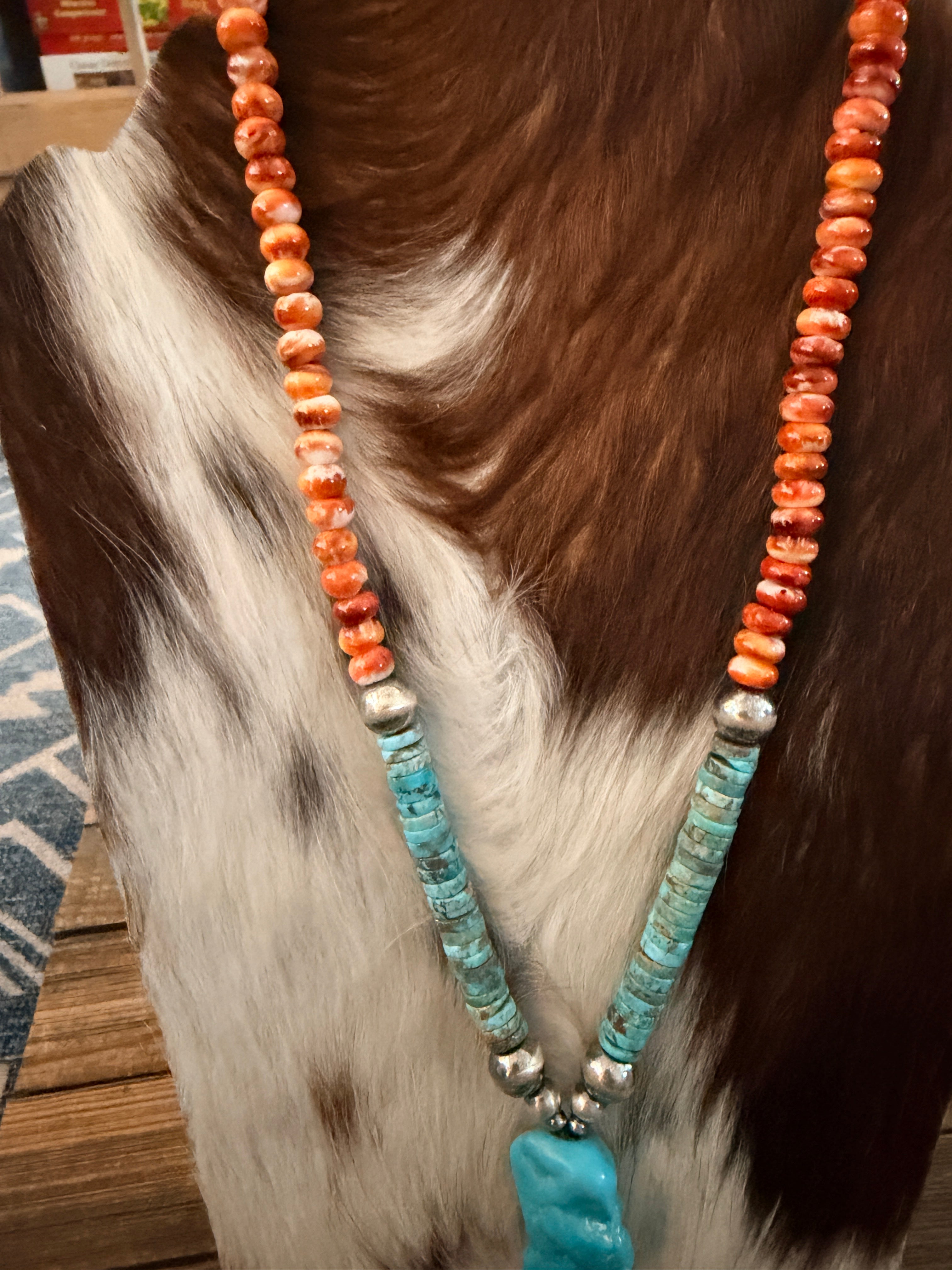 Handcrafted Spiny Oyster, Turquoise & Sterling Silver Beaded Lariat Necklace