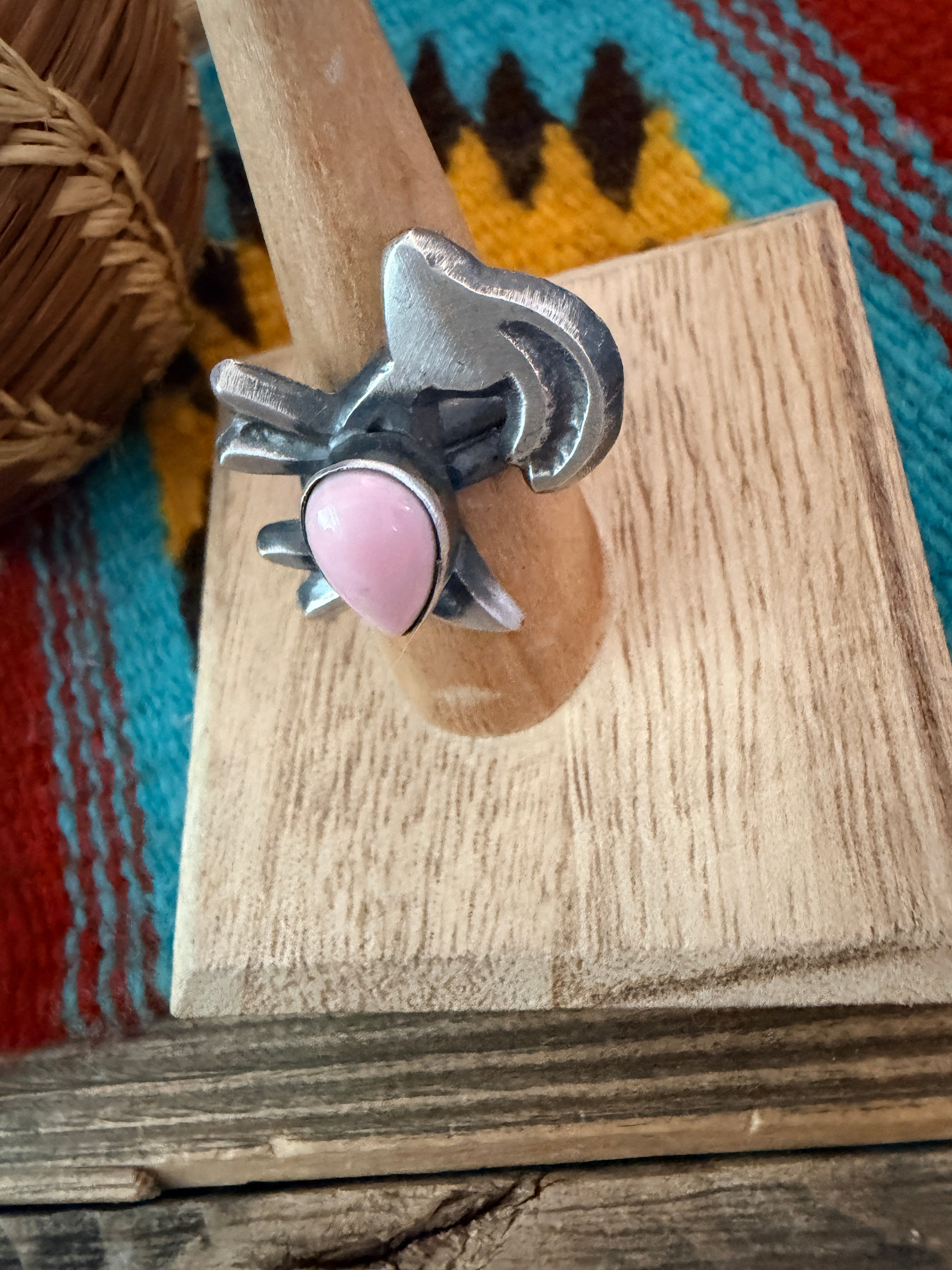 Handcrafted Queen Pink Conch and Sterling Silver Goat Ring size 7.75 by Chimney Butte