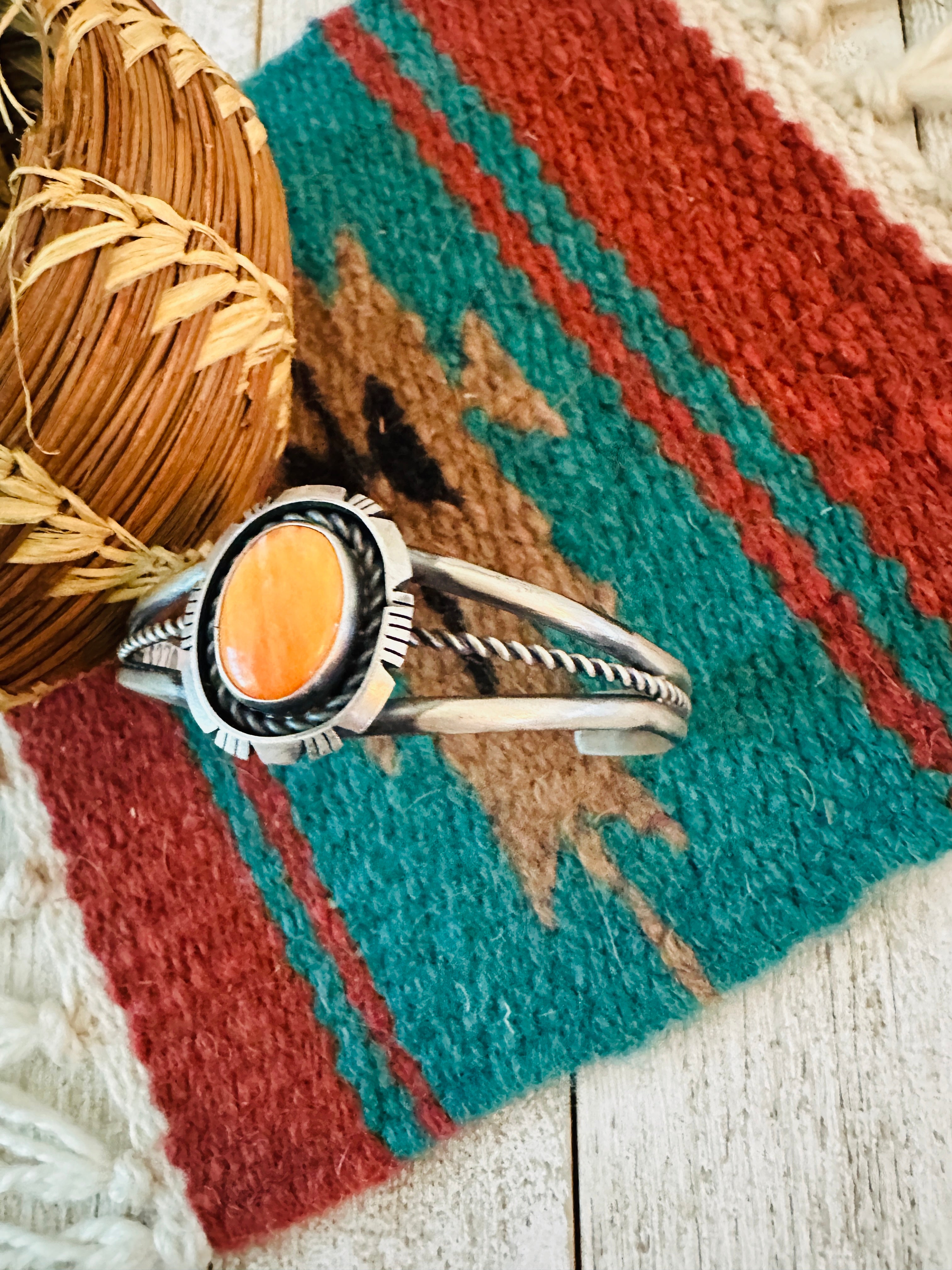 Handcrafted Sterling Silver & Orange Spiny Cuff Bracelet by Eli Skeets
