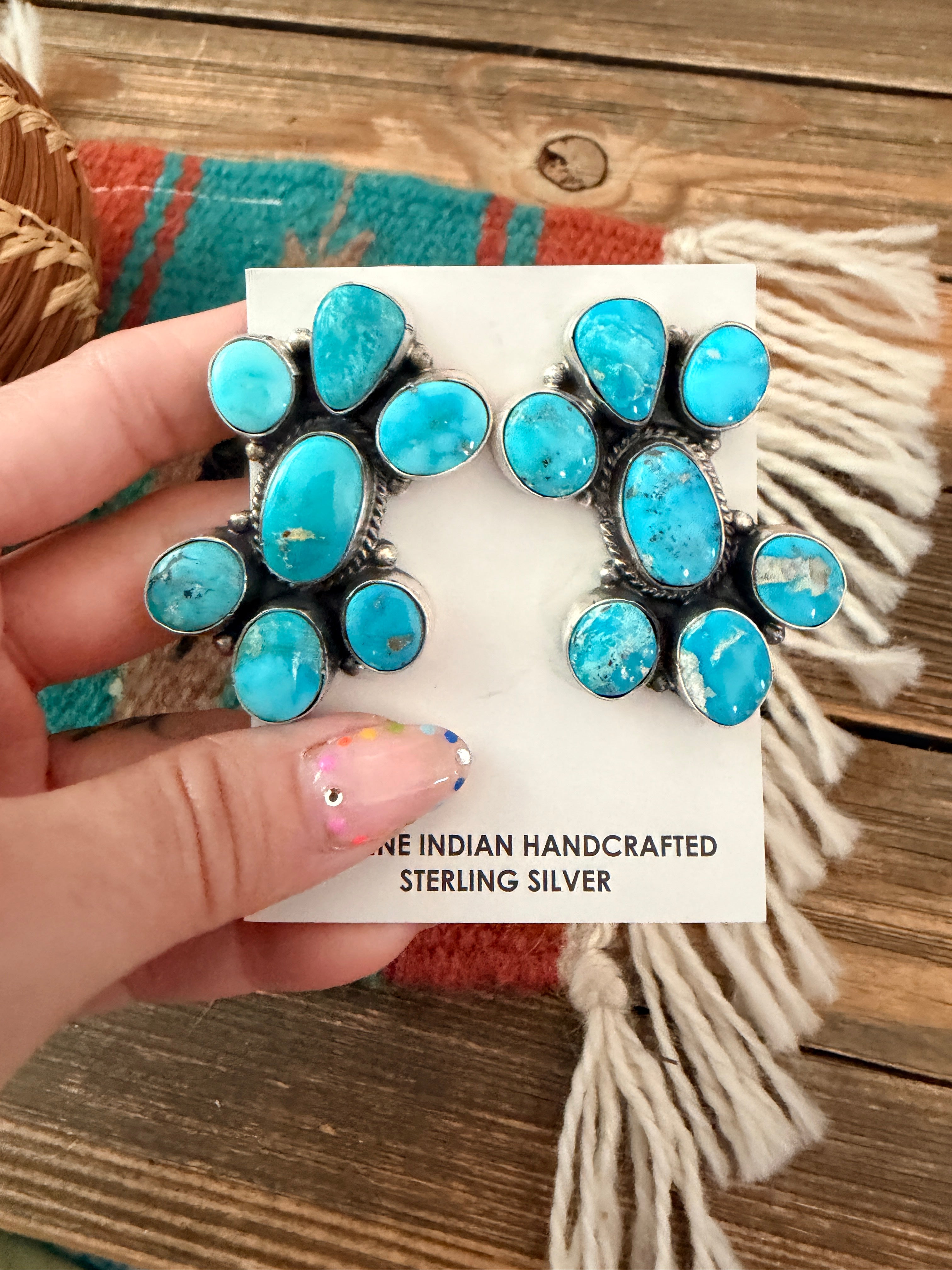 Handcrafted Turquoise & Sterling Silver Cluster Post Earrings