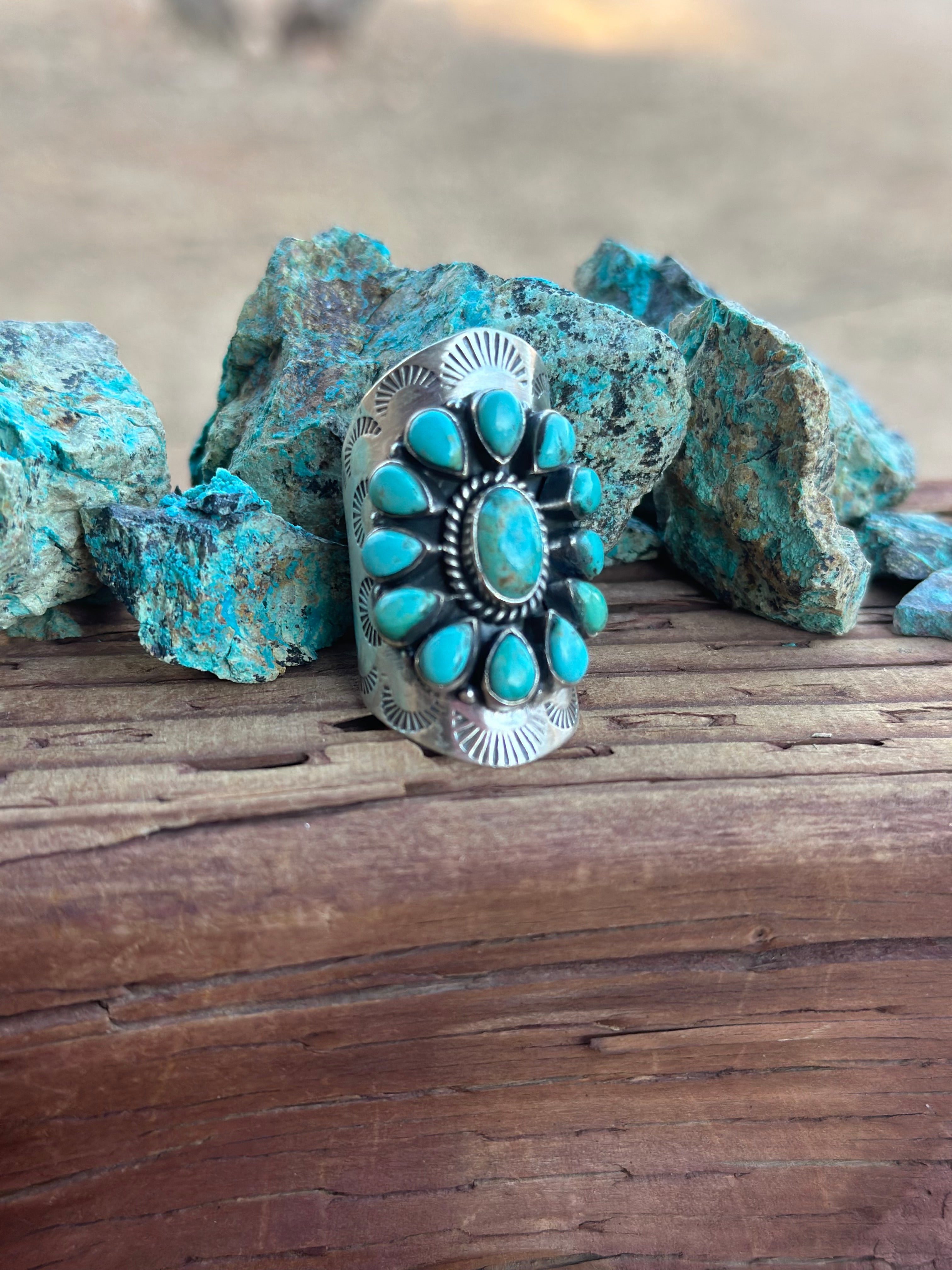 Handmade Emerald Valley Turquoise Cluster & Sterling Silver Cigar Band adjustable Ring